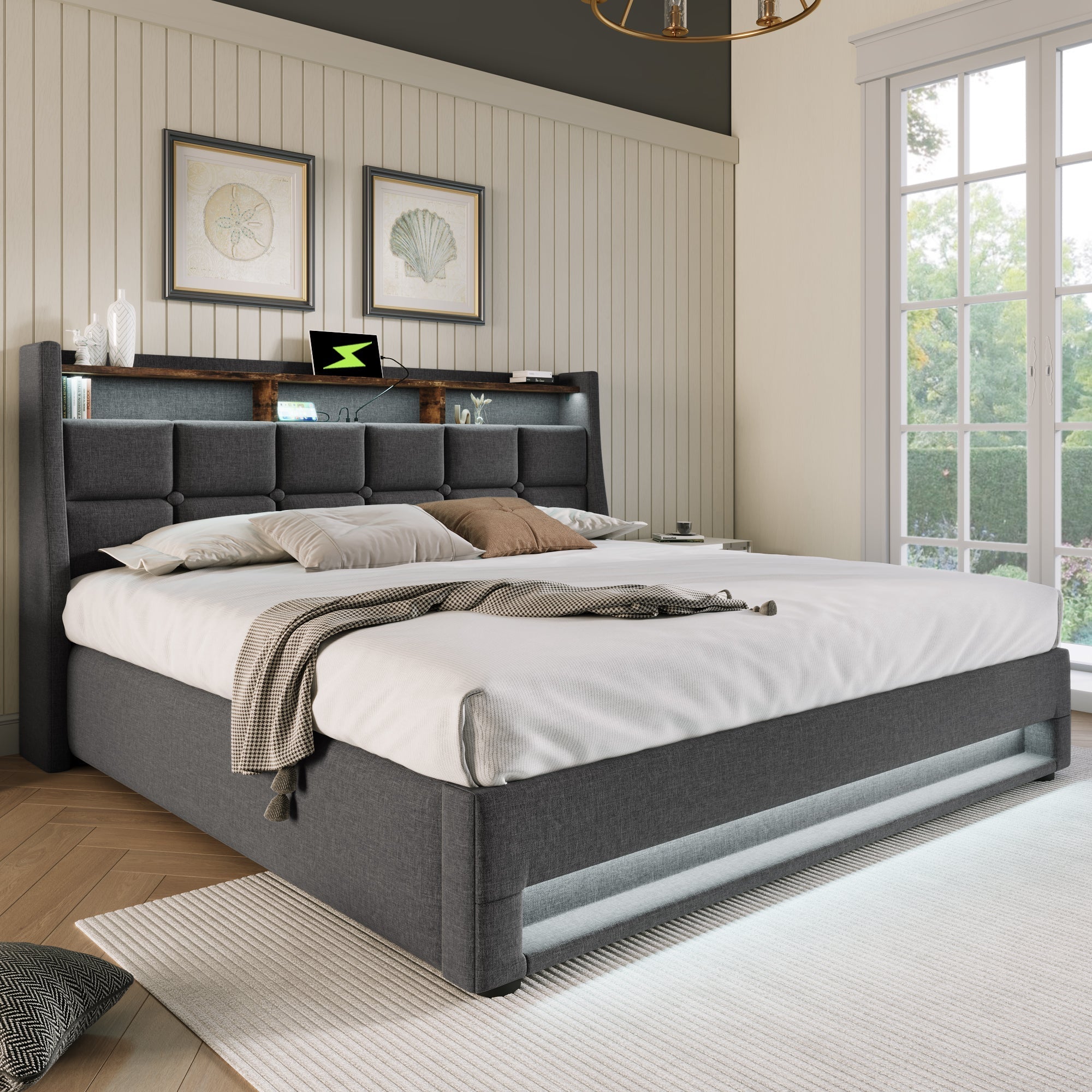 Upholstered Bed 140x200cm, LED Double with USB, Linen
