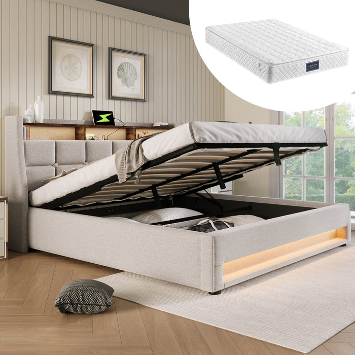 Upholstered Bed with USB LED Metal Slatted Base, Linen Material (With Mattress)