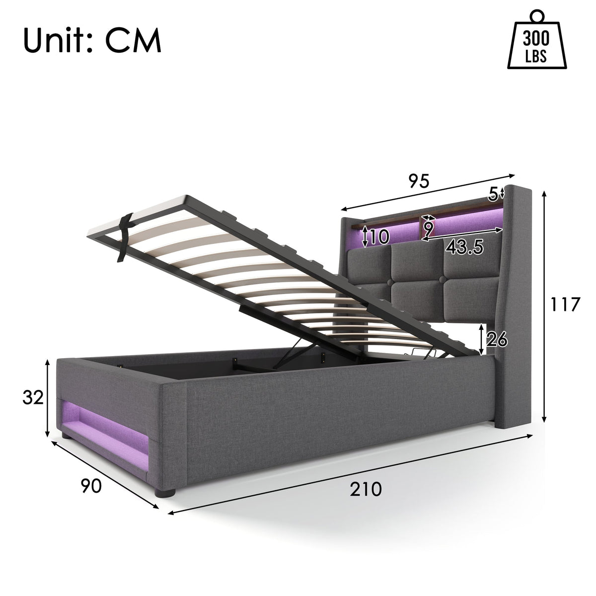 Upholstered Bed 90x200cm Single USB LED Slatted Base, Linen Fabric