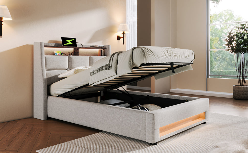 Upholstered Bed, 90x200cm LED Single with Metal Frame, Linen