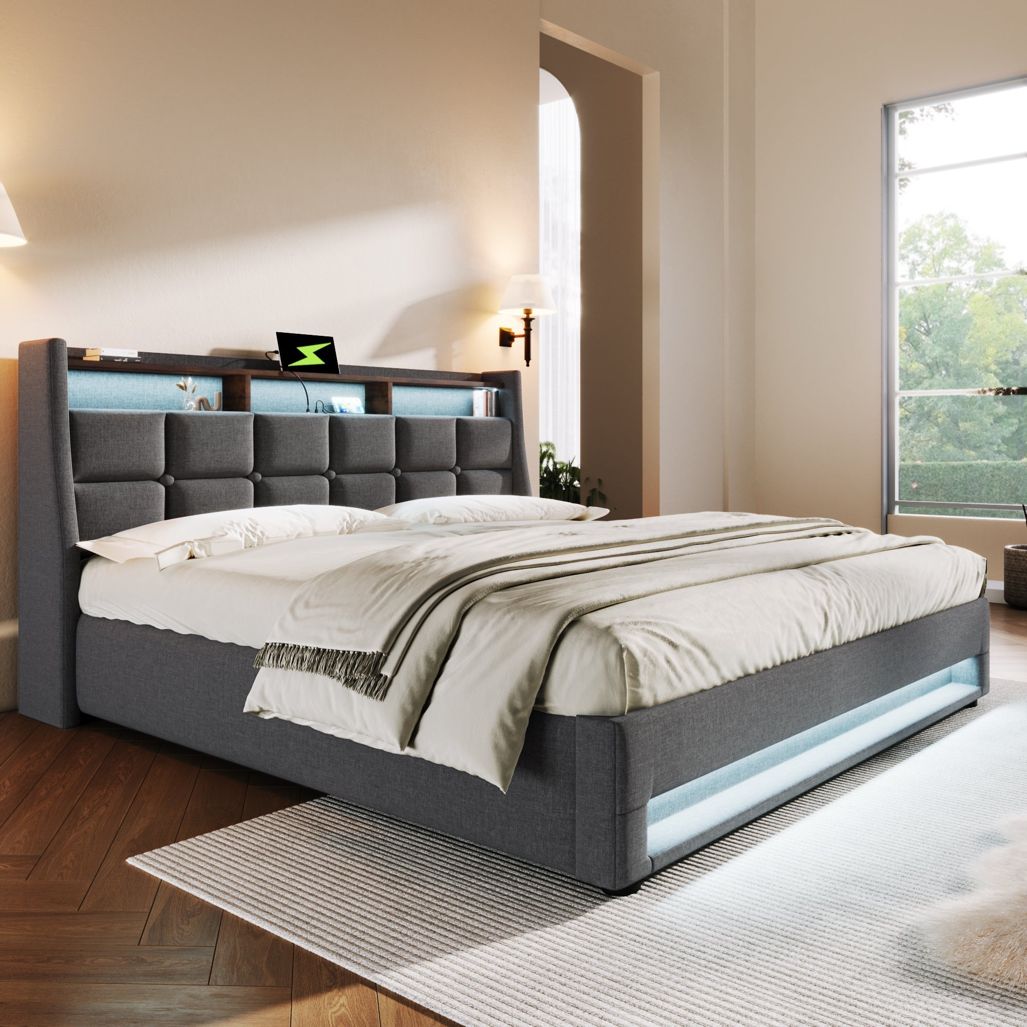 Upholstered Bed 140x200cm, LED Double with USB, Linen