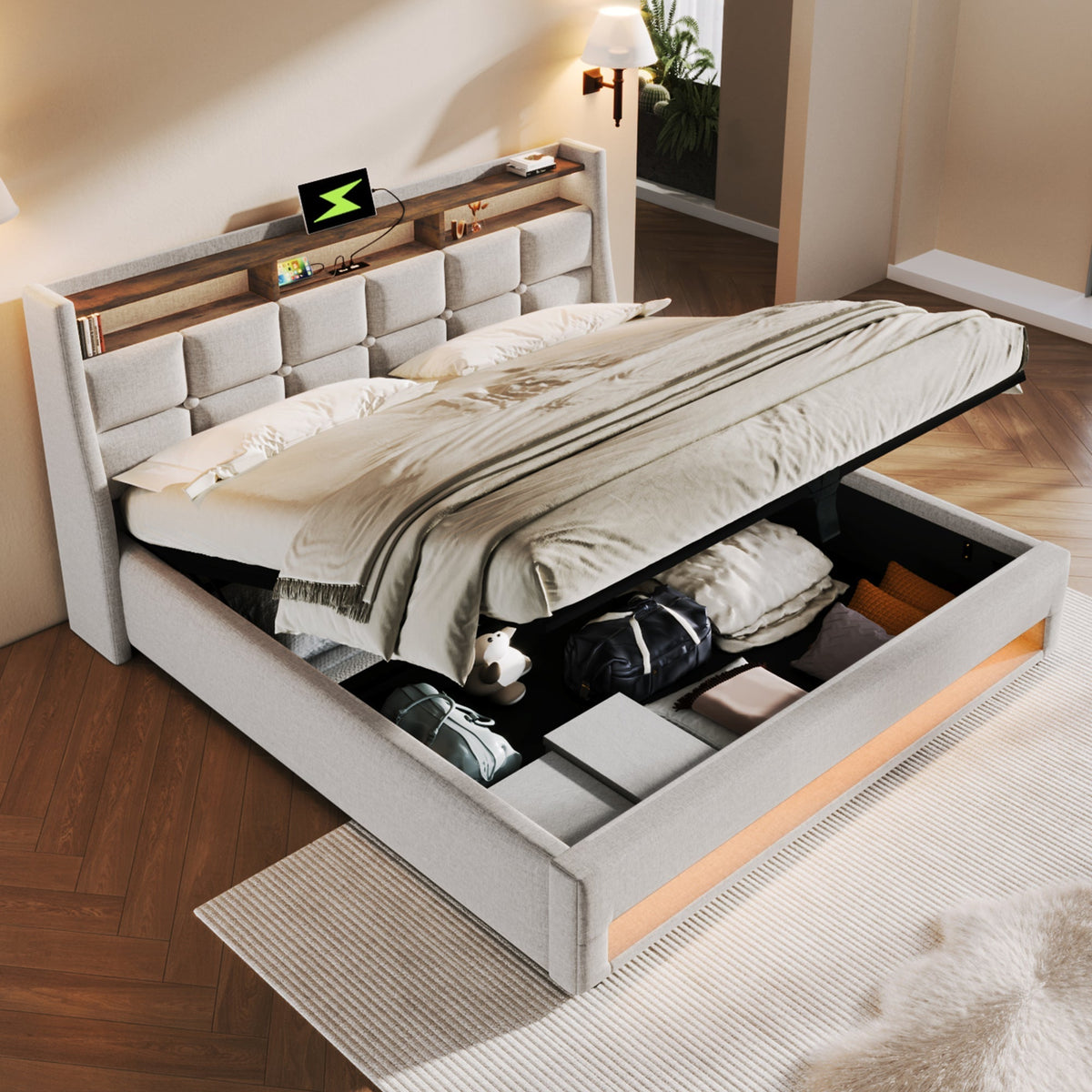 Upholstered Bed with USB LED Metal Slatted Base, Linen Material (With Mattress)