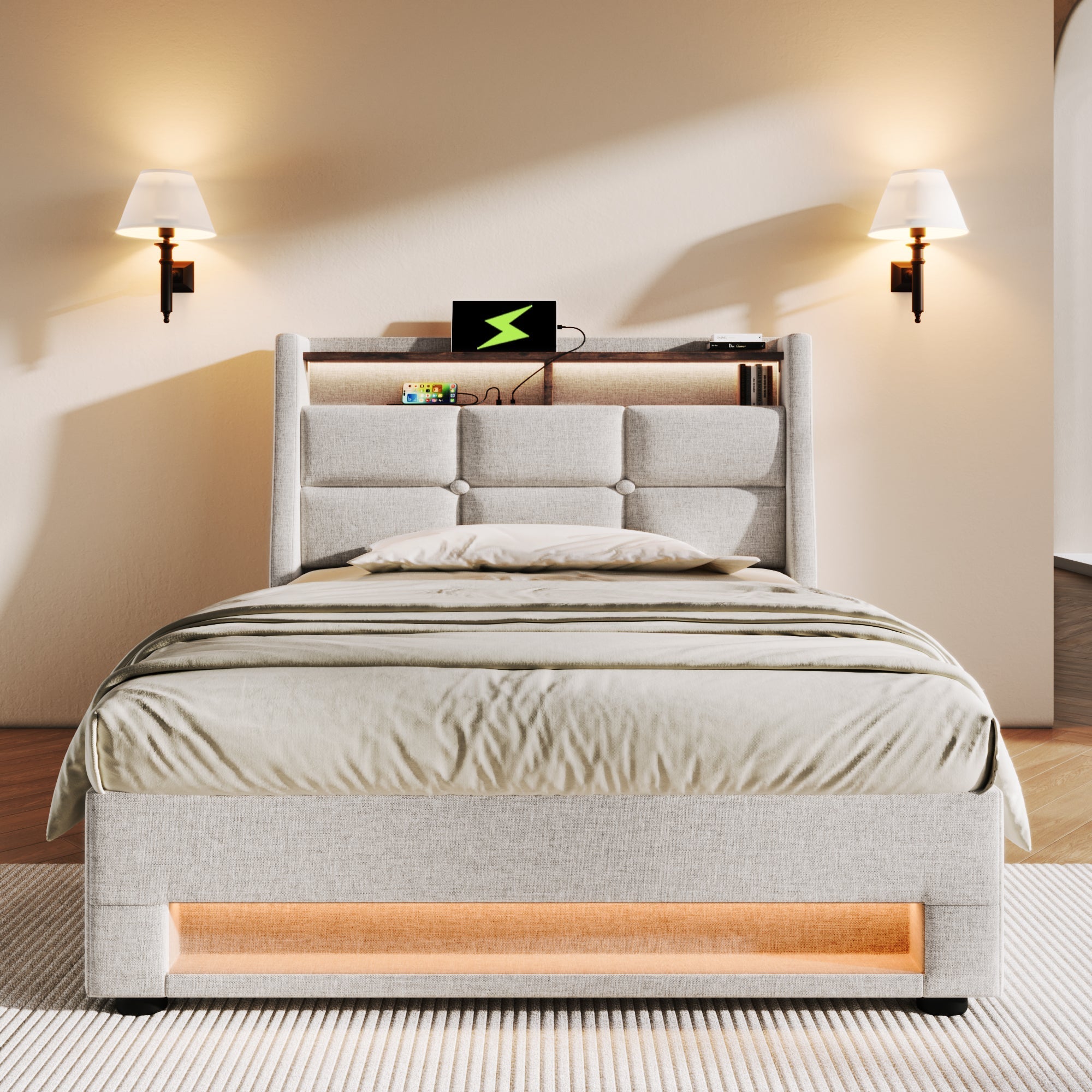 Upholstered Bed, 90x200cm LED Single with Metal Frame, Linen