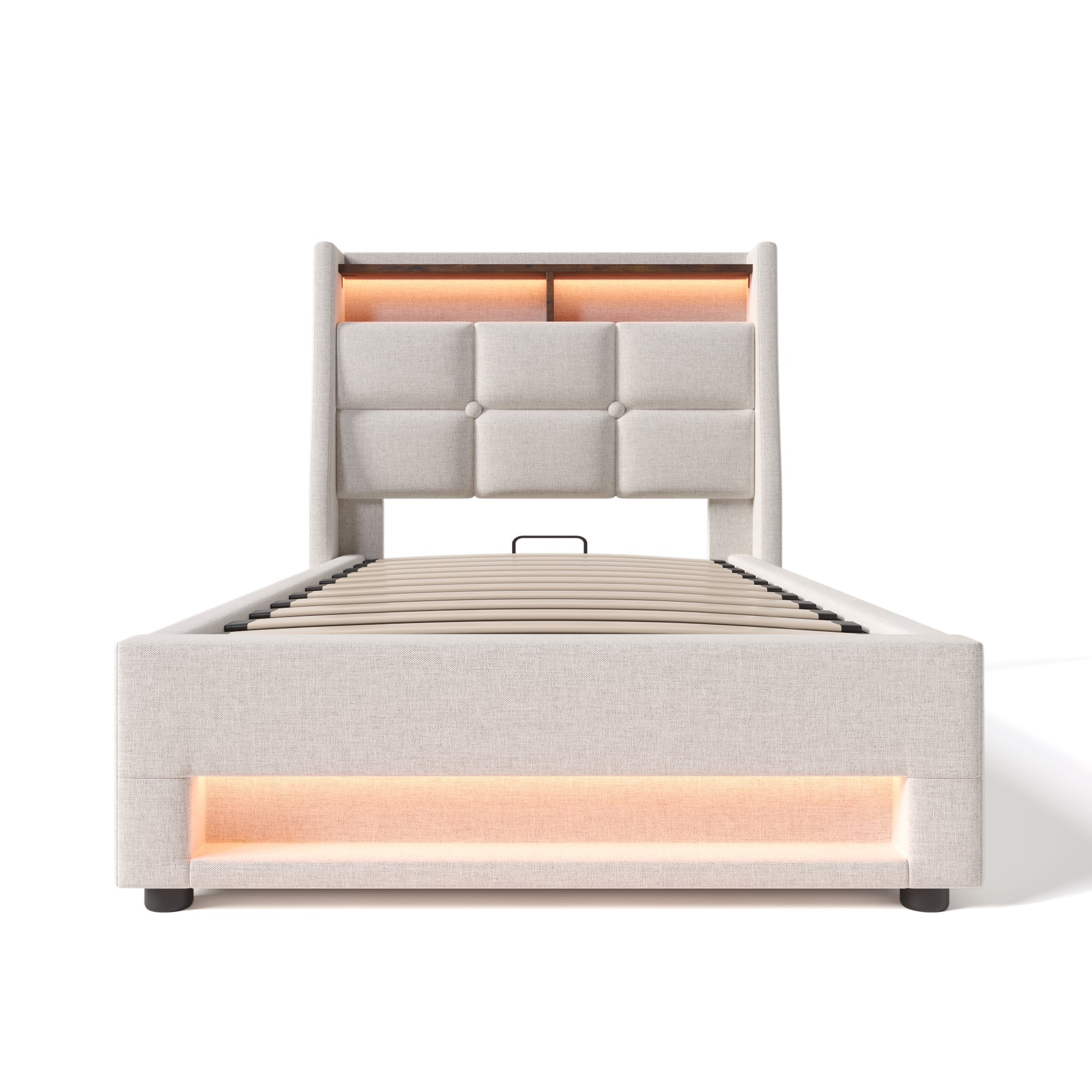 Upholstered Bed, 90x200cm LED Single with Metal Frame, Linen