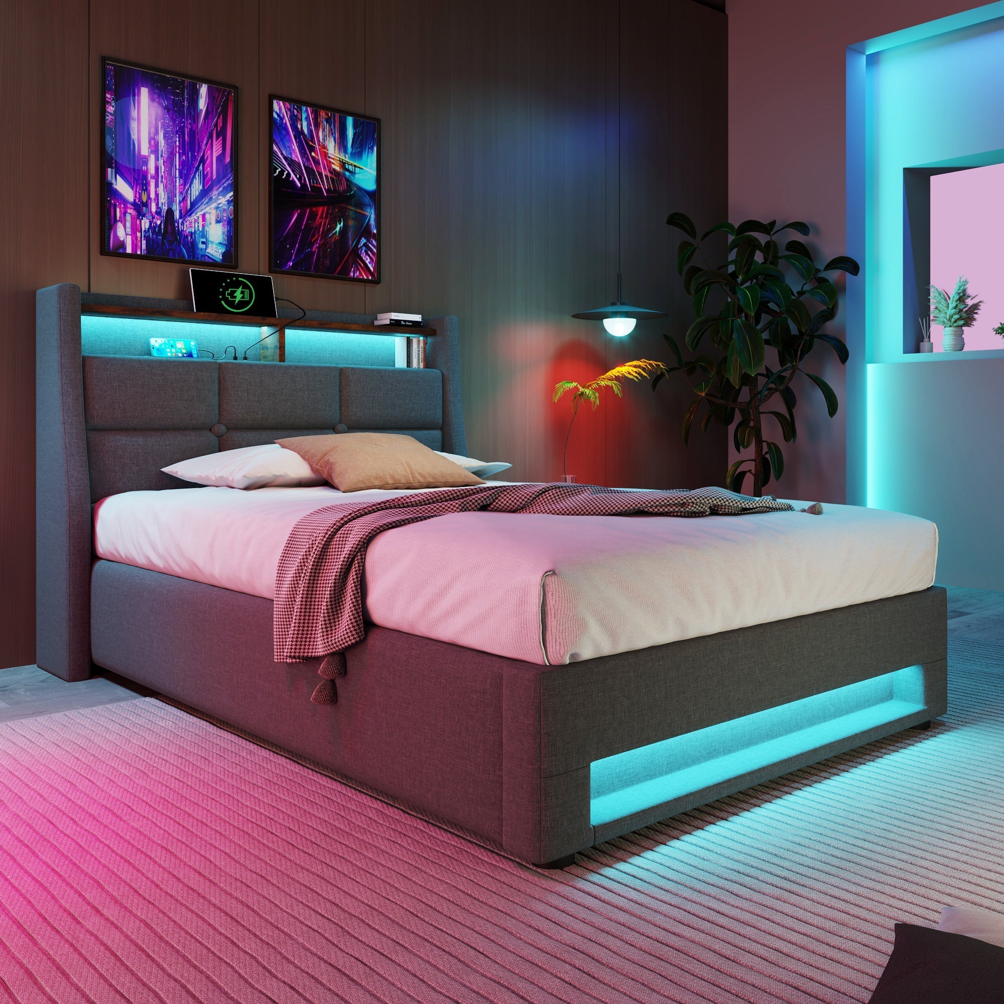 Upholstered Bed 90x200cm Single USB LED Slatted Base, Linen Fabric