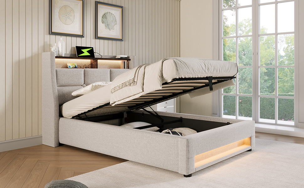 Upholstered Bed, 90x200cm LED Single with Metal Frame, Linen