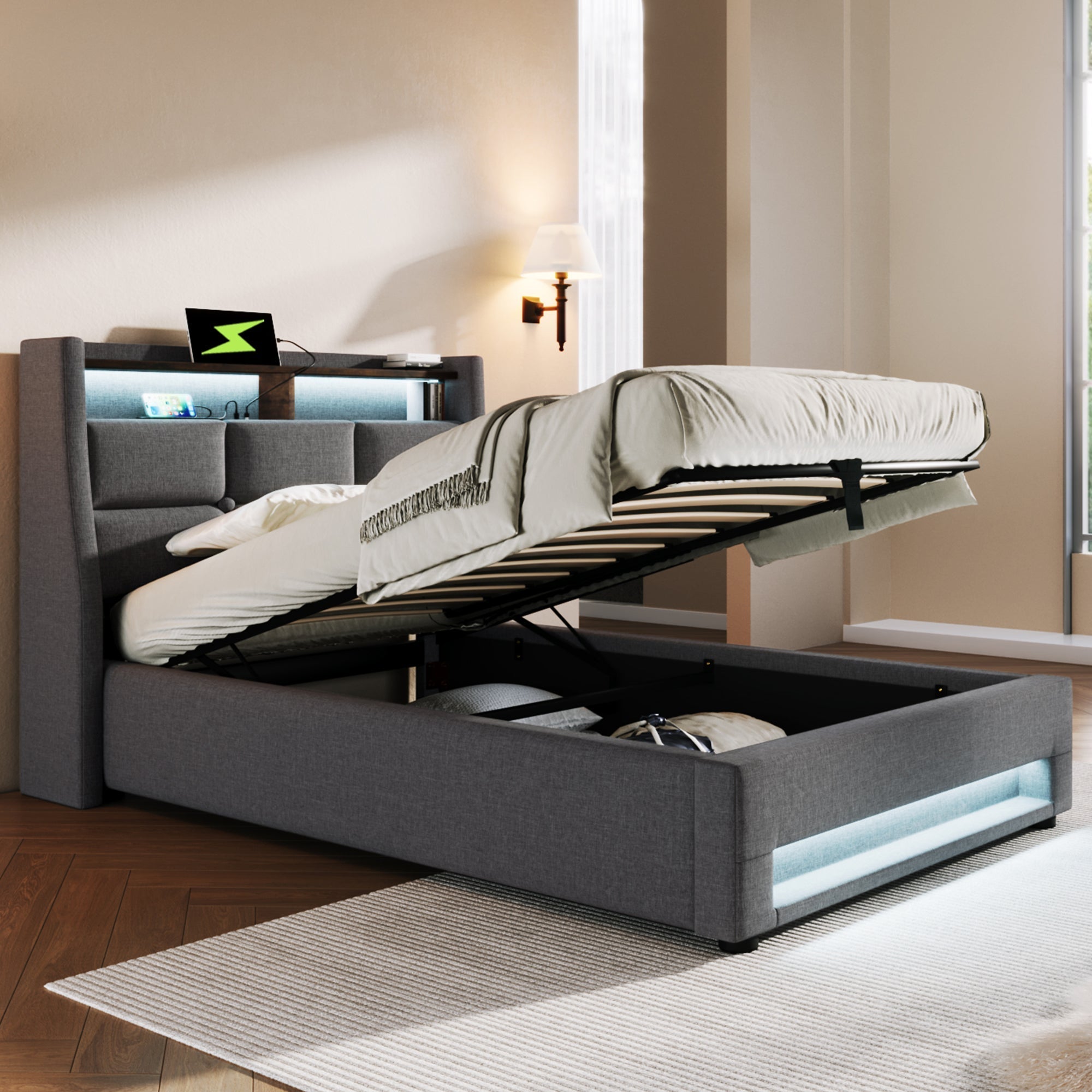 Single Bed Frame 90x200cm – Upholstered Linen with USB & LED