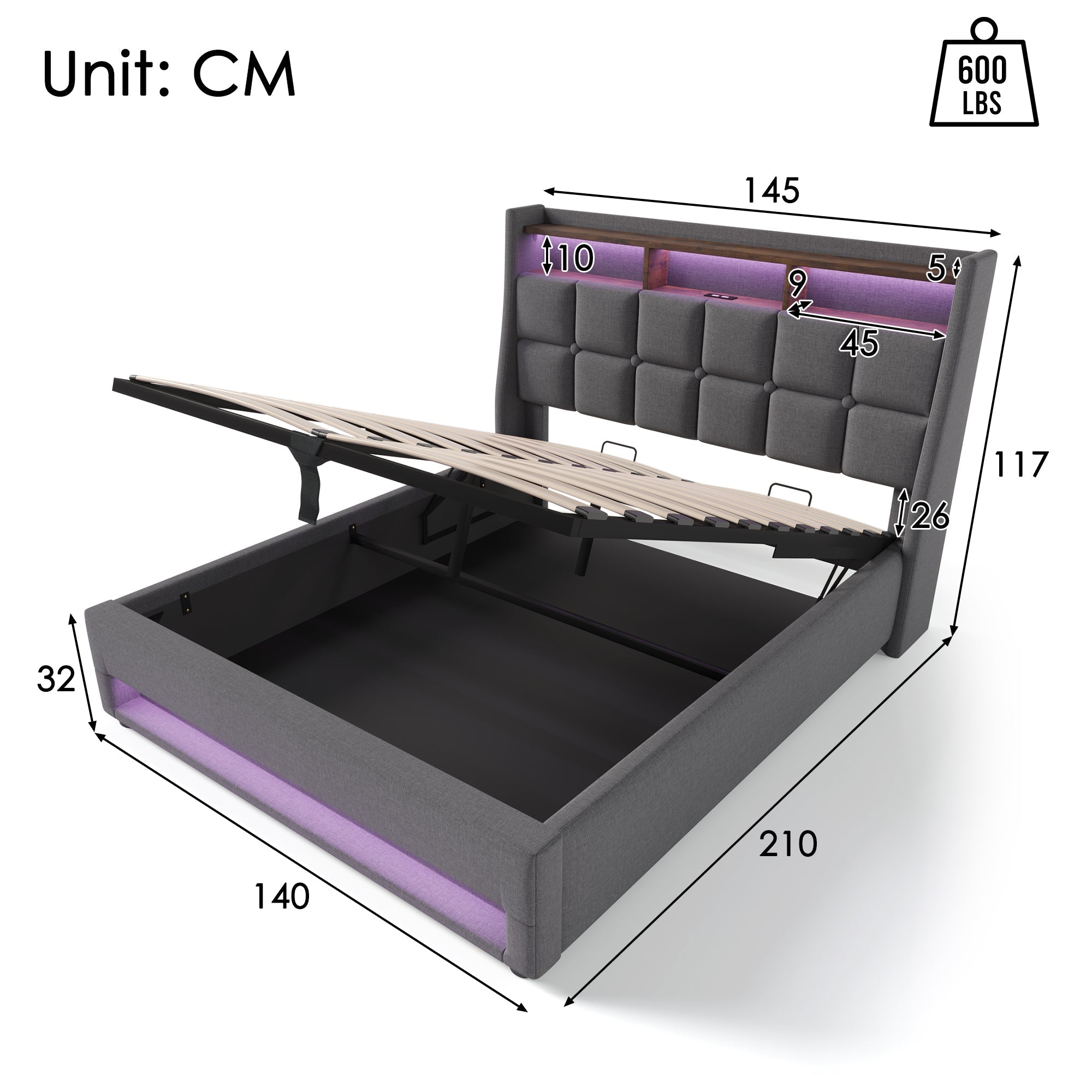 Upholstered Bed 140x200cm, LED Double with USB, Linen