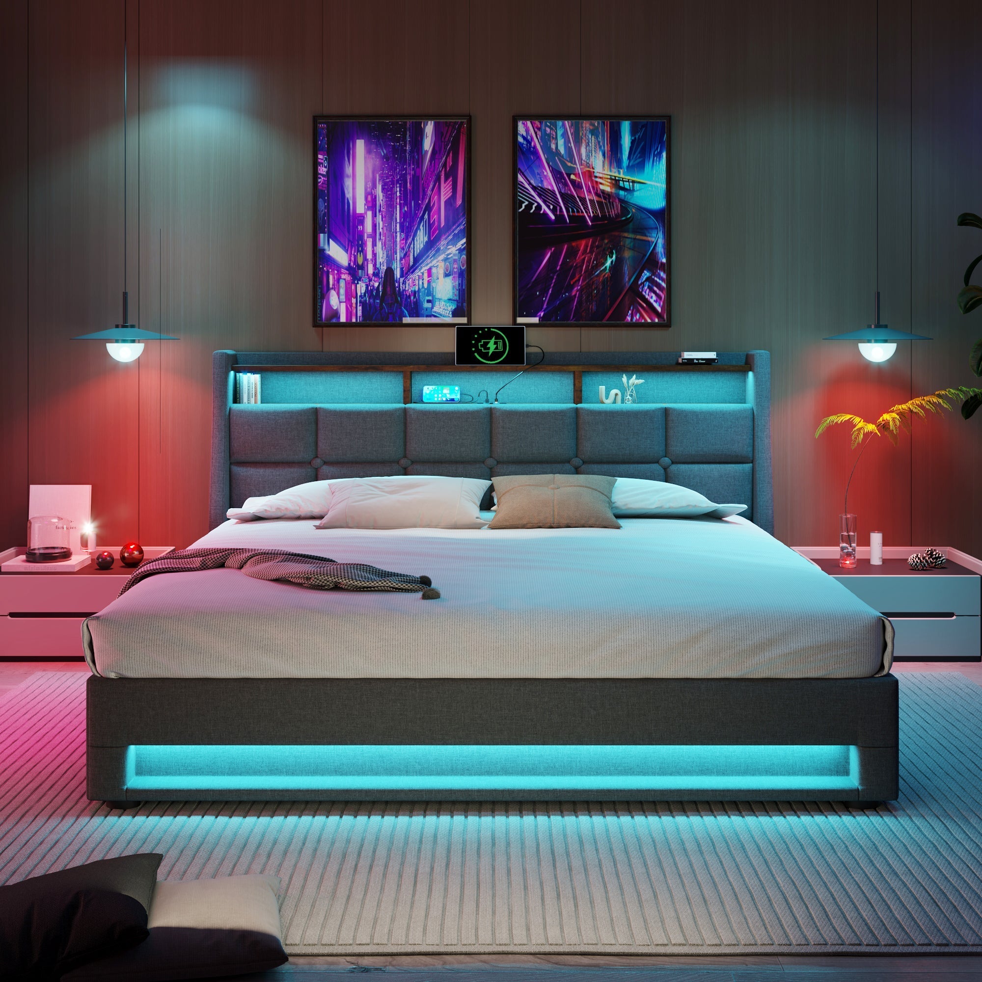 Upholstered Bed 140x200cm, LED Double with USB, Linen