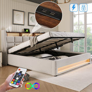 Upholstered Bed 140x200cm LED USB Slatted Base Metal Frame, Linen Material