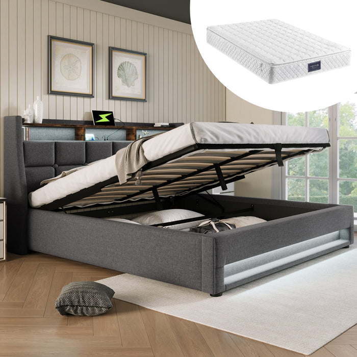 Upholstered Bed 140x200cm, LED Double with USB, Linen