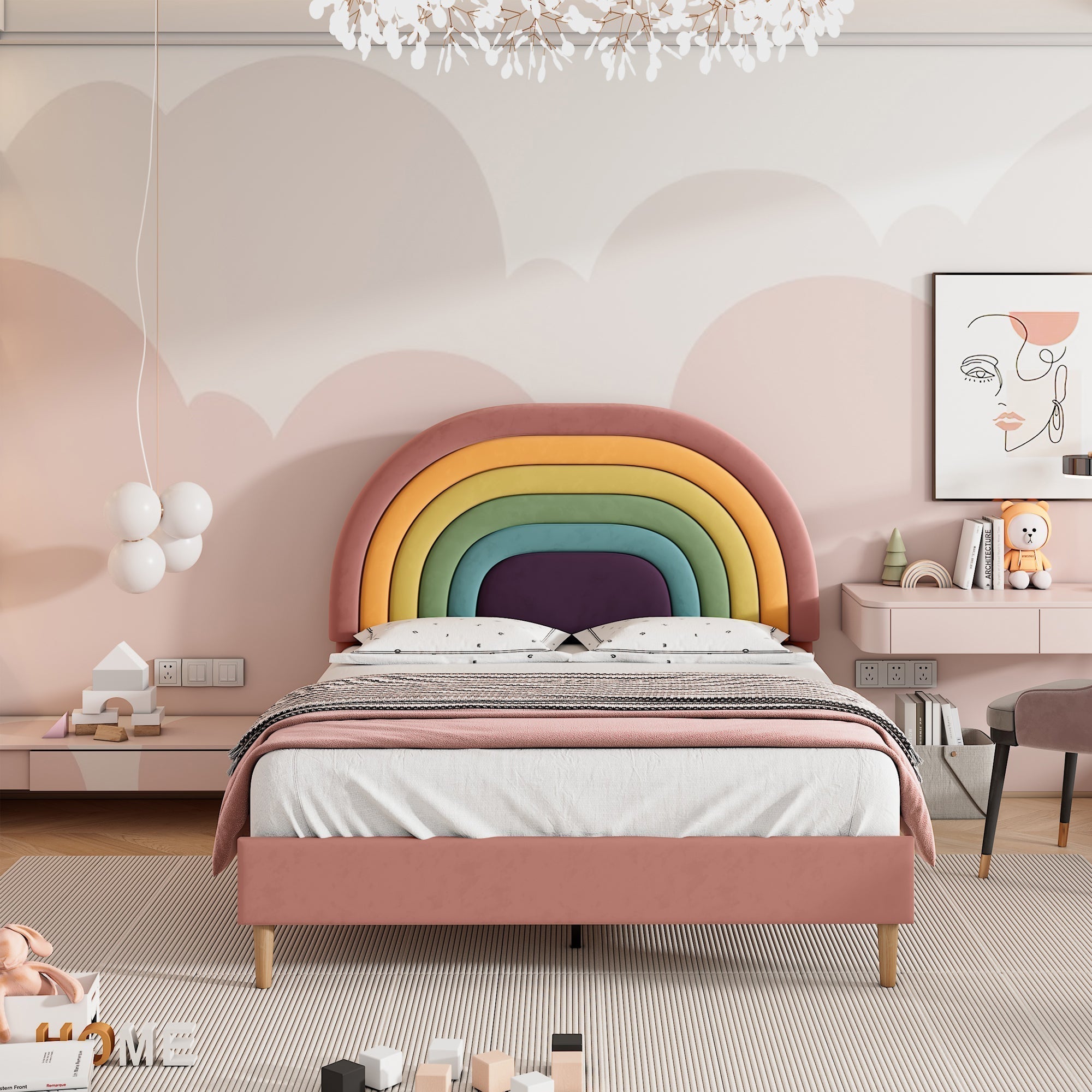 Upholstered Bed 140x200cm Slatted Base Adjustable Headboard - Velvet Pink