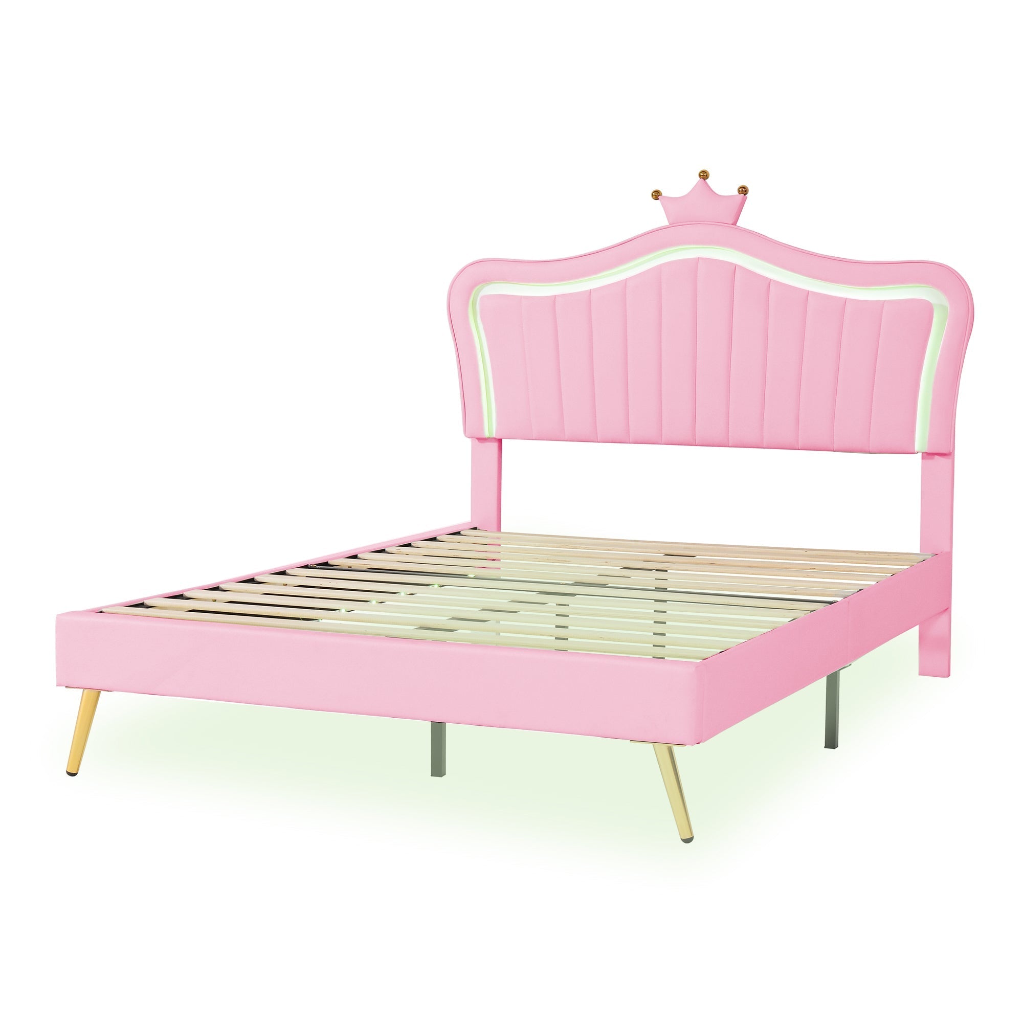 Children's Upholstered Bed with Shell Crown Design and LED Lighting, White and Pink