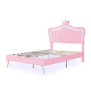 Children's Upholstered Bed with Shell Crown Design and LED Lighting, White and Pink