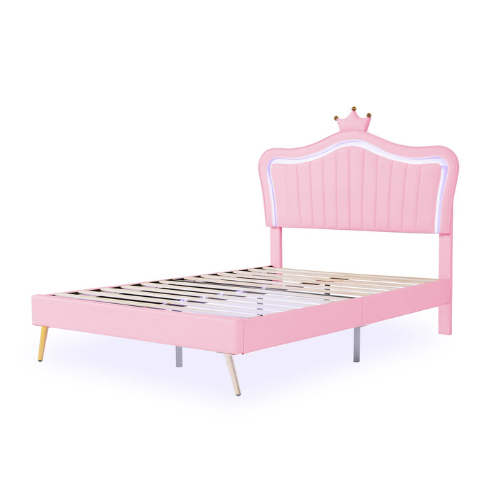 Children's Upholstered Bed with Shell Crown Design and LED Lighting, White and Pink