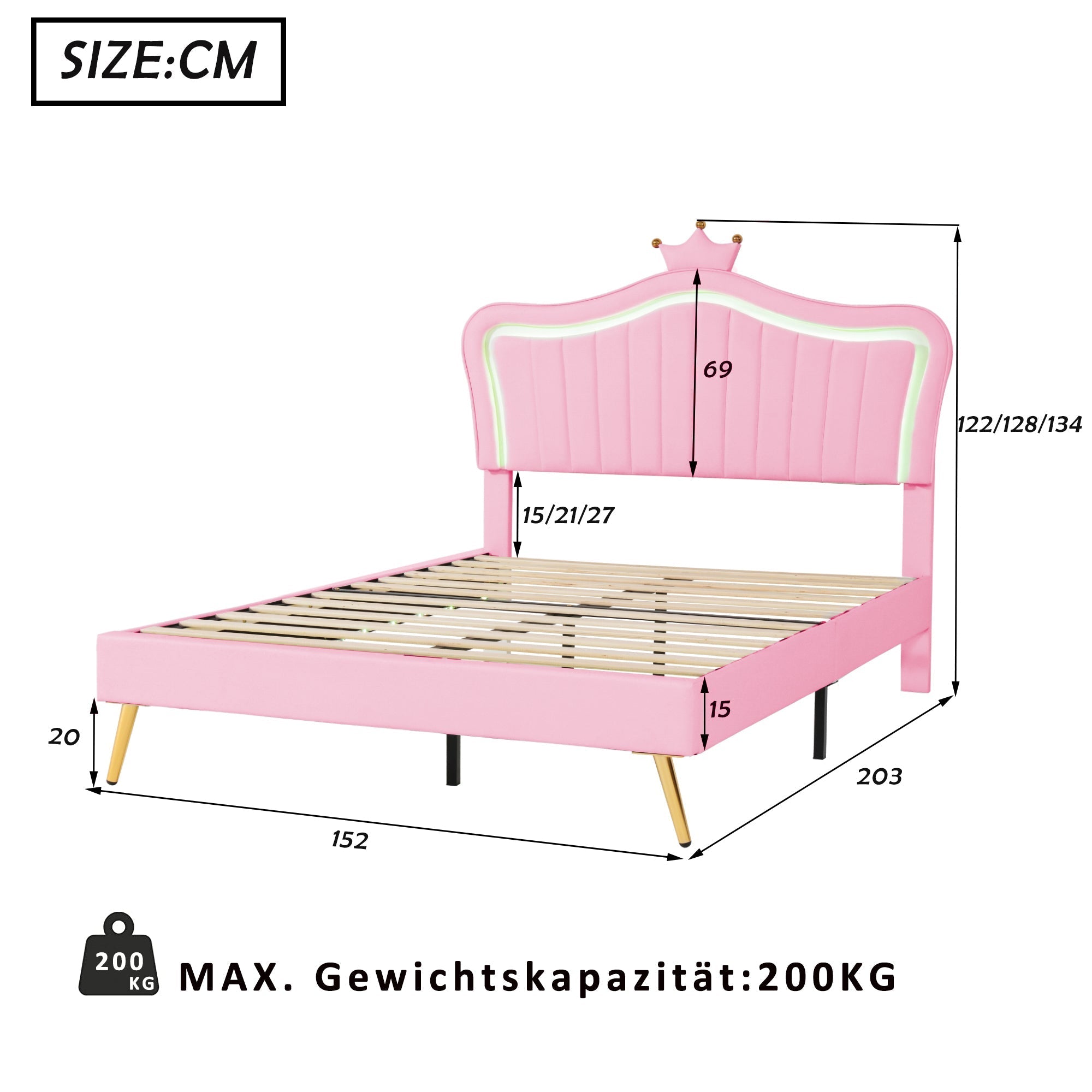 Children's Bed Upholstered 140x200cm LED Lights Slatted Frame, Pink PU Leather