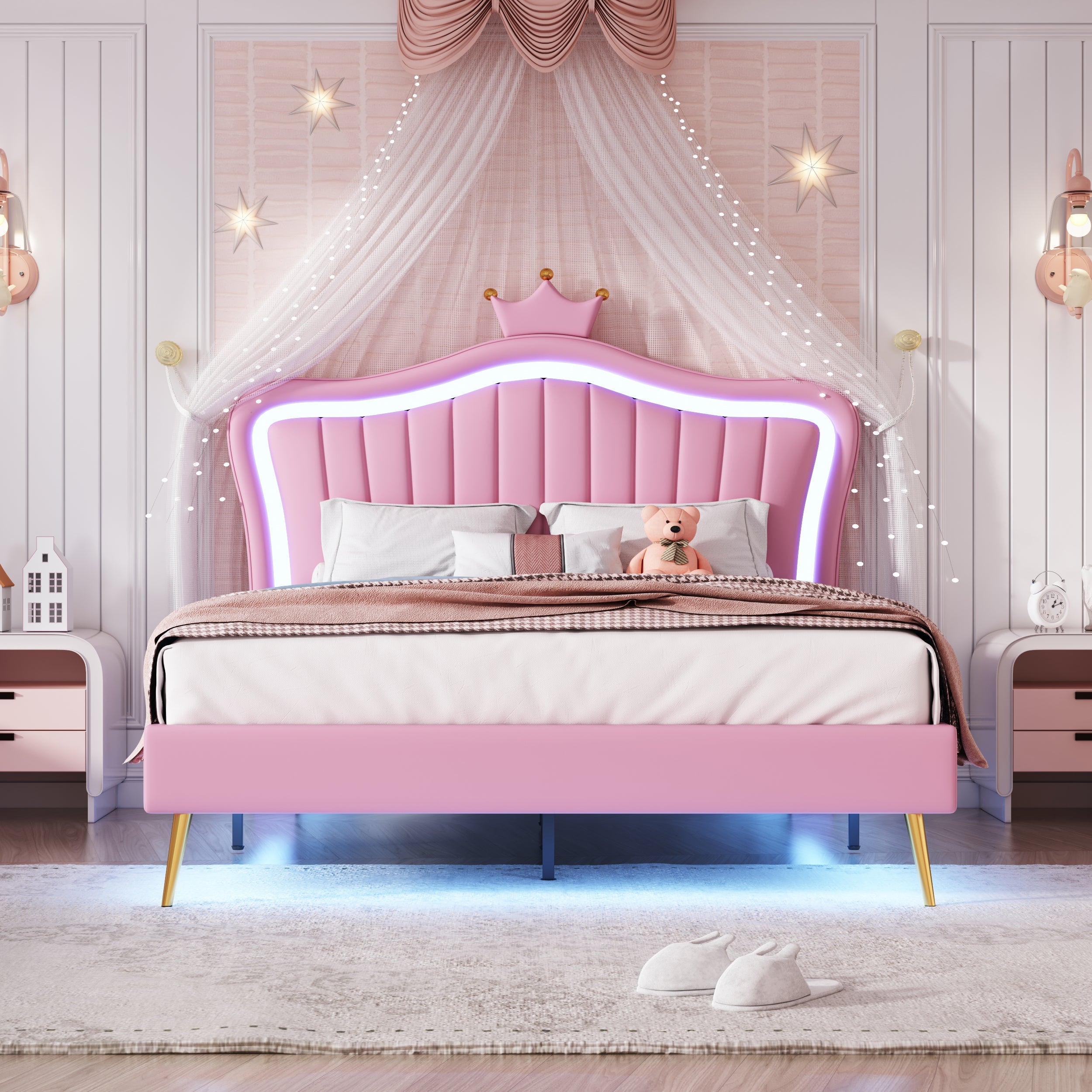 Children's Upholstered Bed with Shell Crown Design and LED Lighting, White and Pink