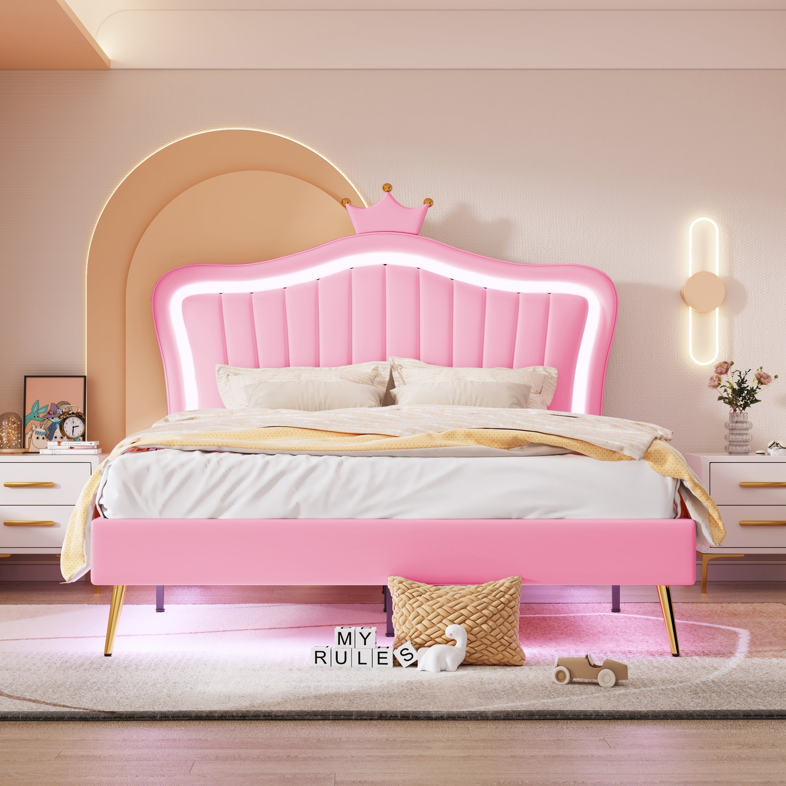 Children's Upholstered Bed with Shell Crown Design and LED Lighting, White and Pink