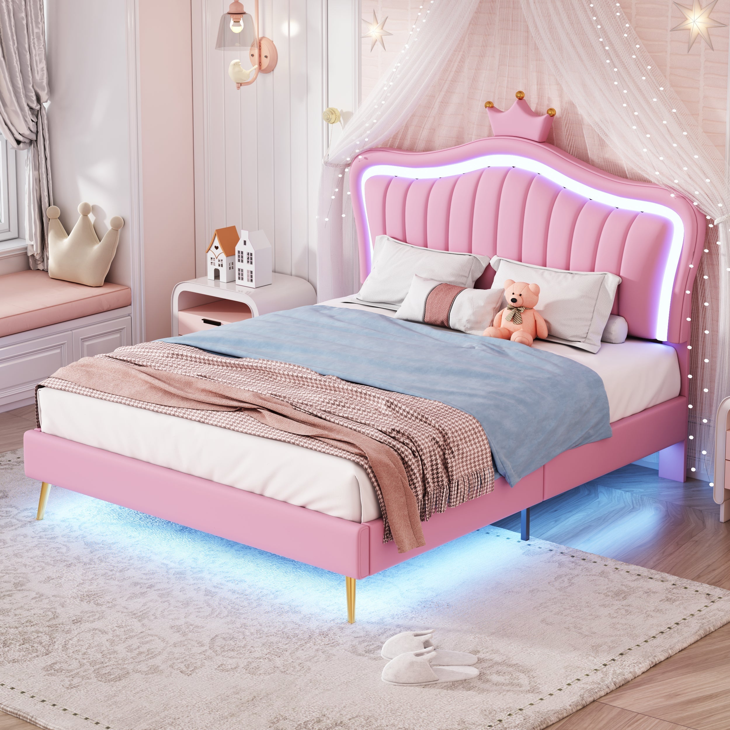 Children's Upholstered Bed with Shell Crown Design and LED Lighting, White and Pink