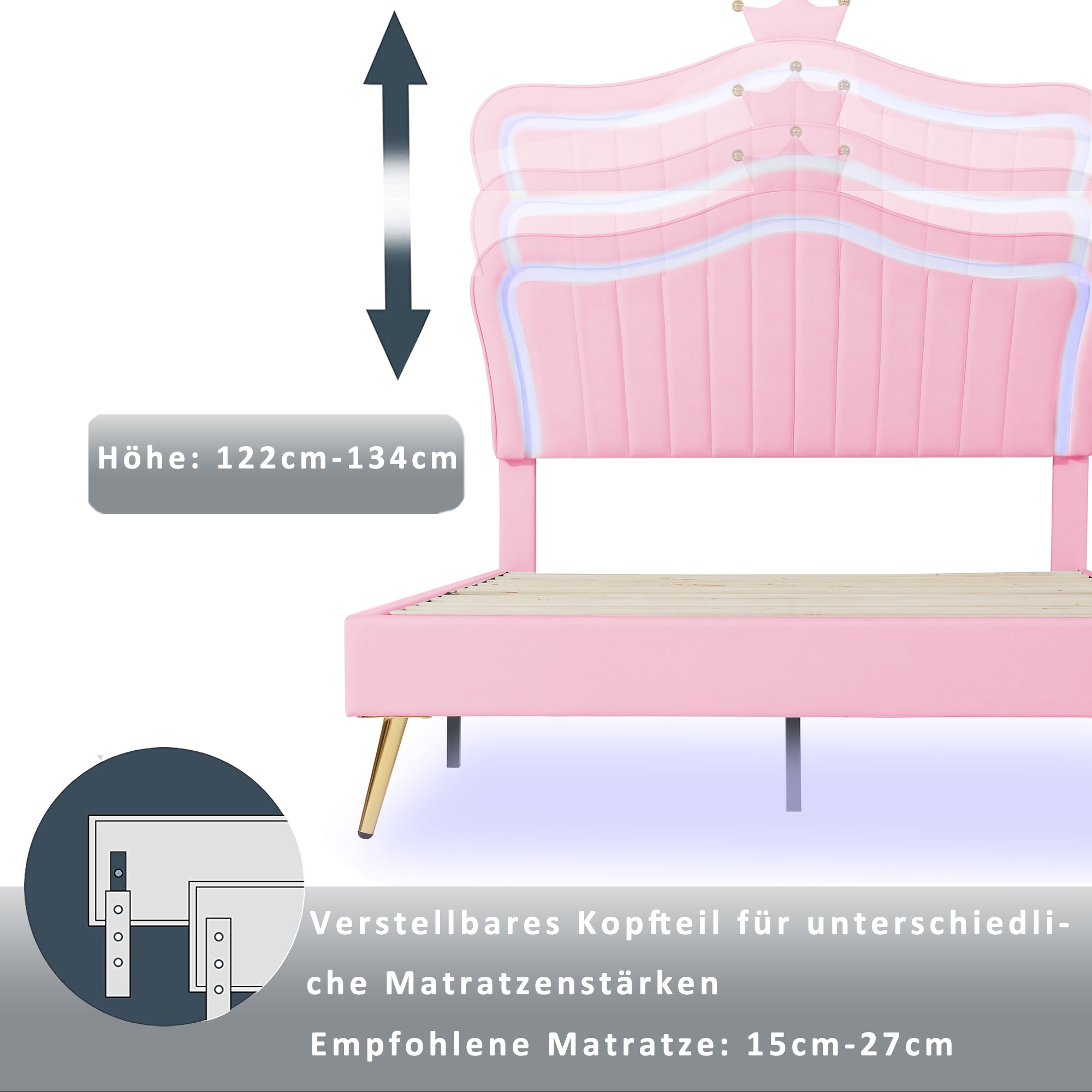 Children's Upholstered Bed with Shell Crown Design and LED Lighting, White and Pink