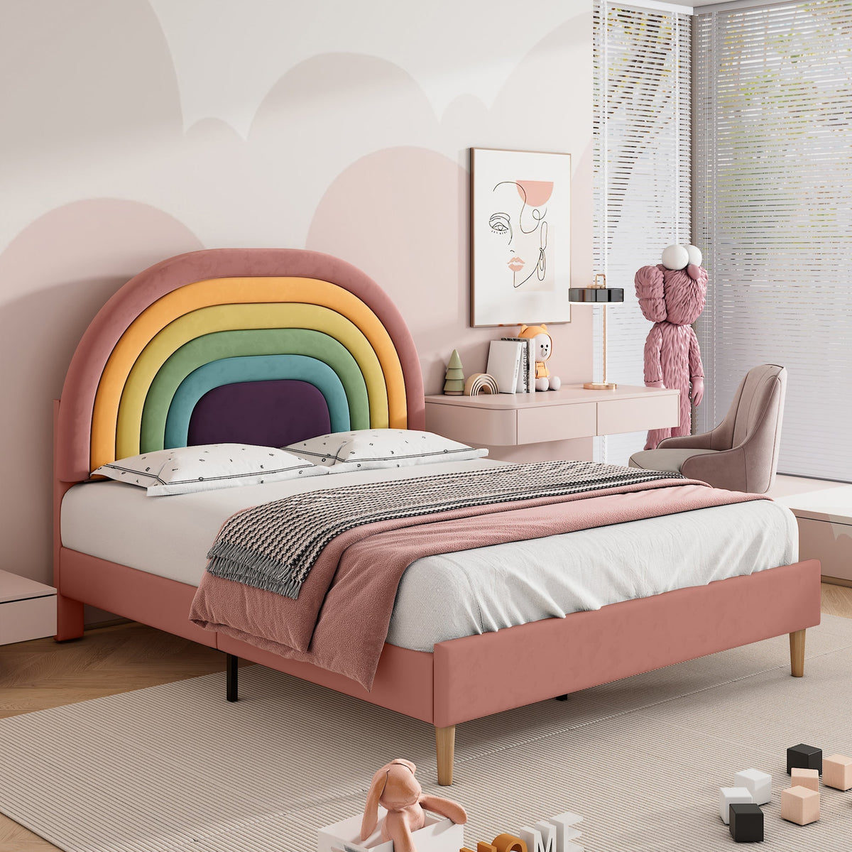 Upholstered Bed 140x200cm Slatted Base Adjustable Headboard - Velvet Pink