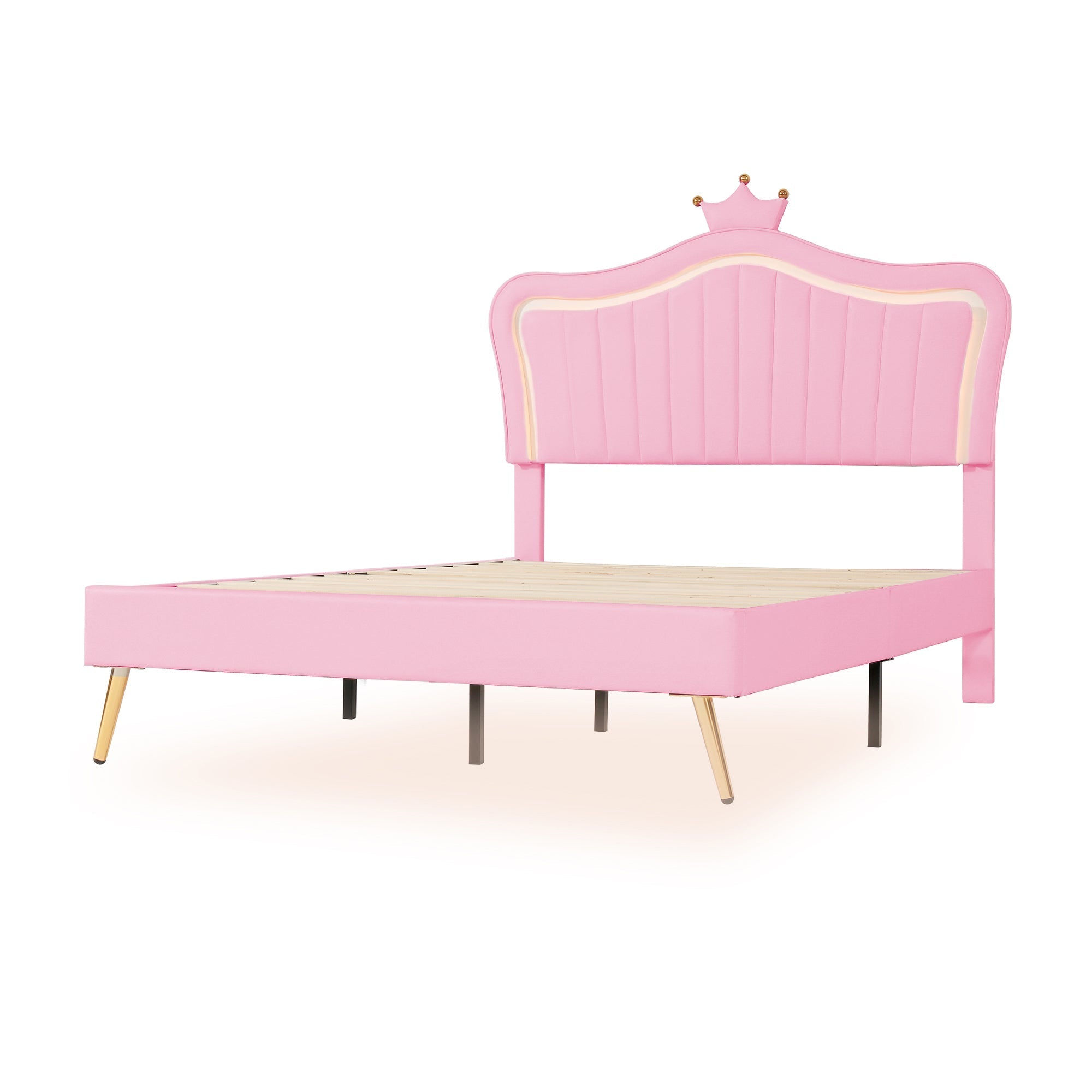 Children's Upholstered Bed with Shell Crown Design and LED Lighting, White and Pink