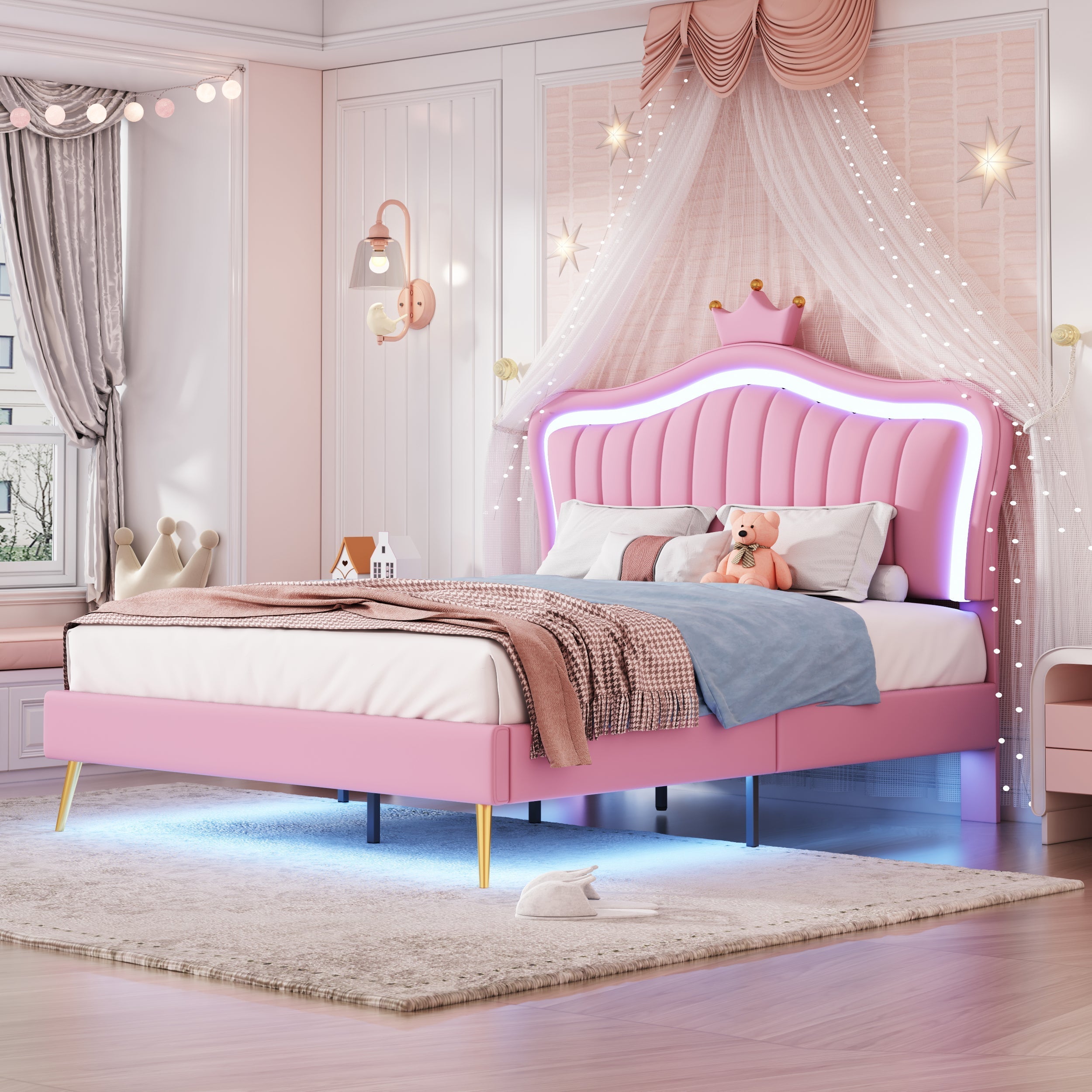 Children's Bed Upholstered 140x200cm LED Lights Slatted Frame, Pink PU Leather