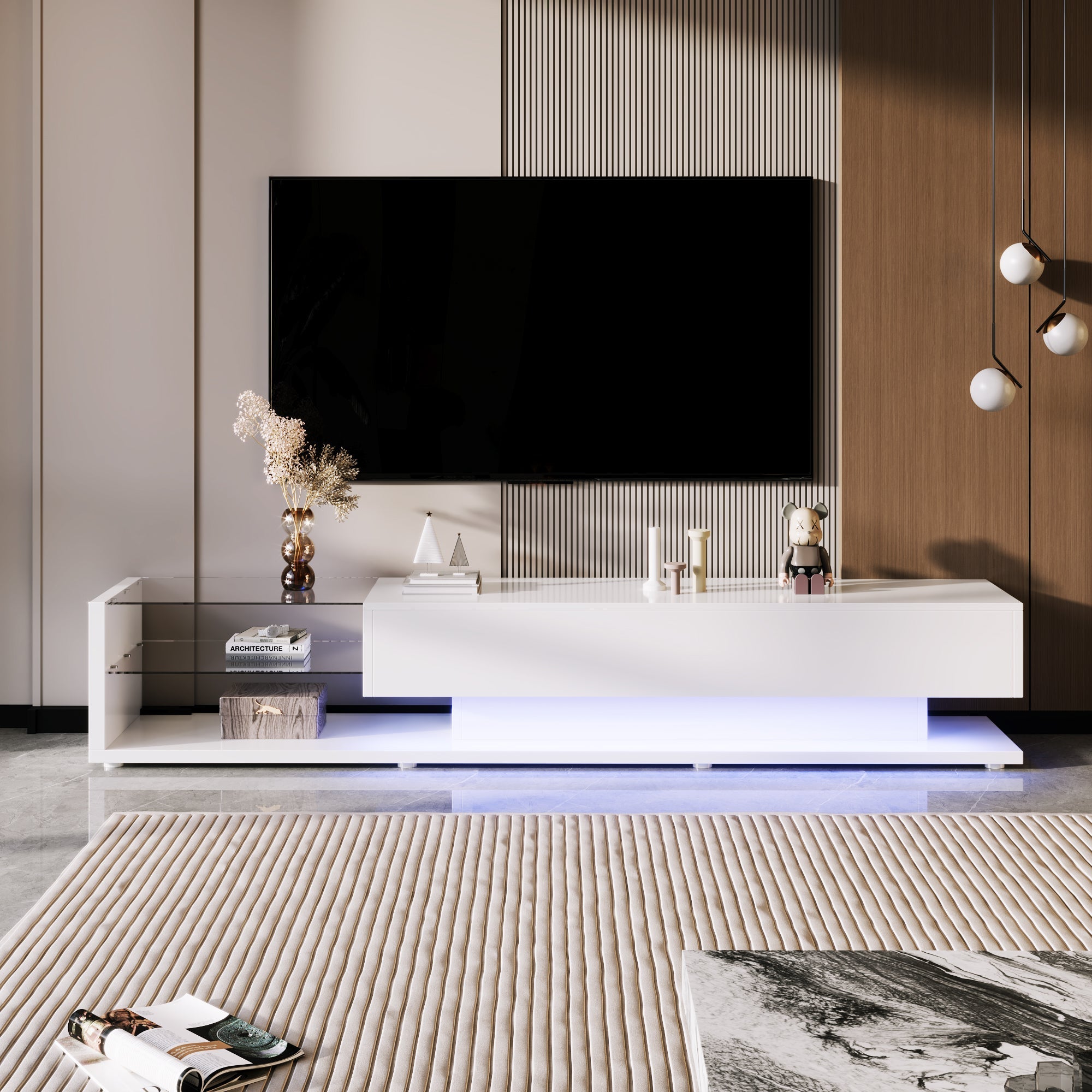 TV Cabinet, Low Panel with Glass Partitions & LED Lighting, High-Gloss White