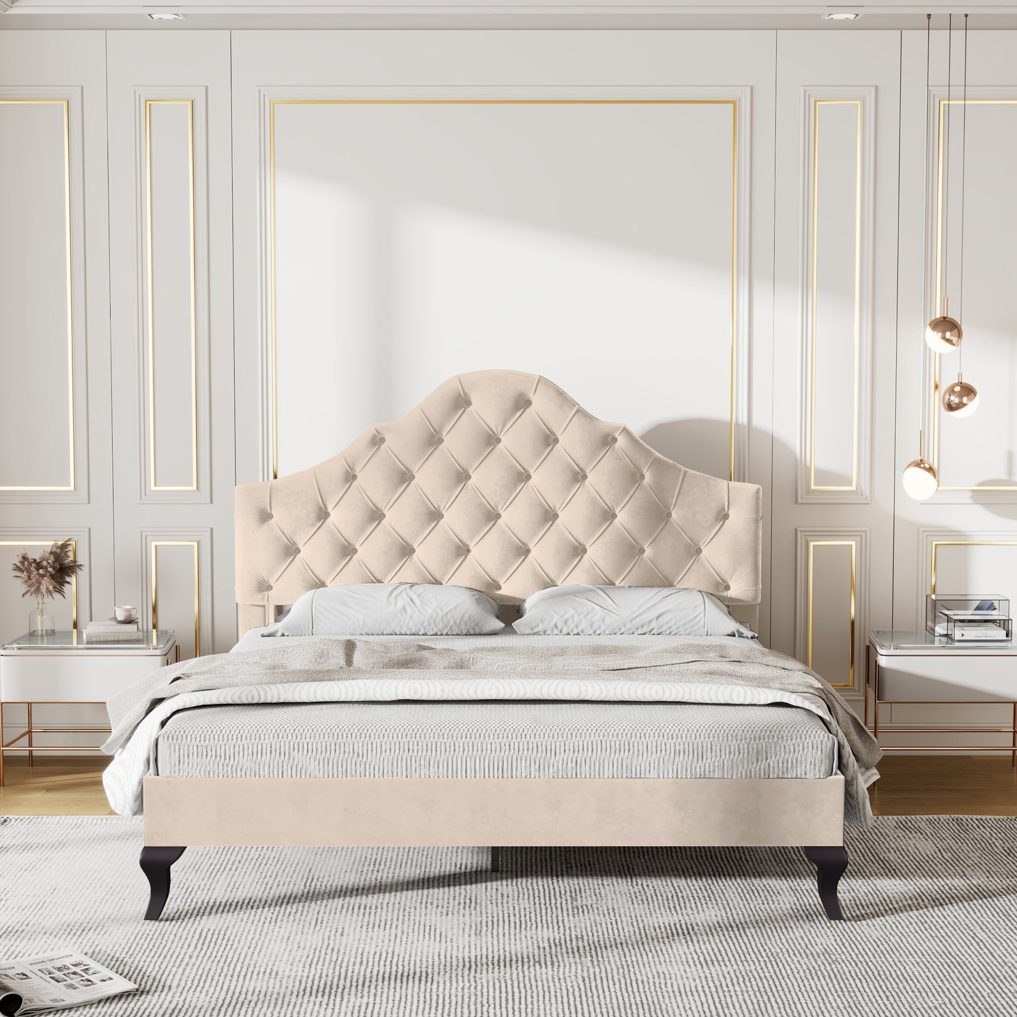 Upholstered Bed, 4ft6 Double with Slatted Frame, Adjustable Headboard & Wooden Slat Support, Beige Velvet