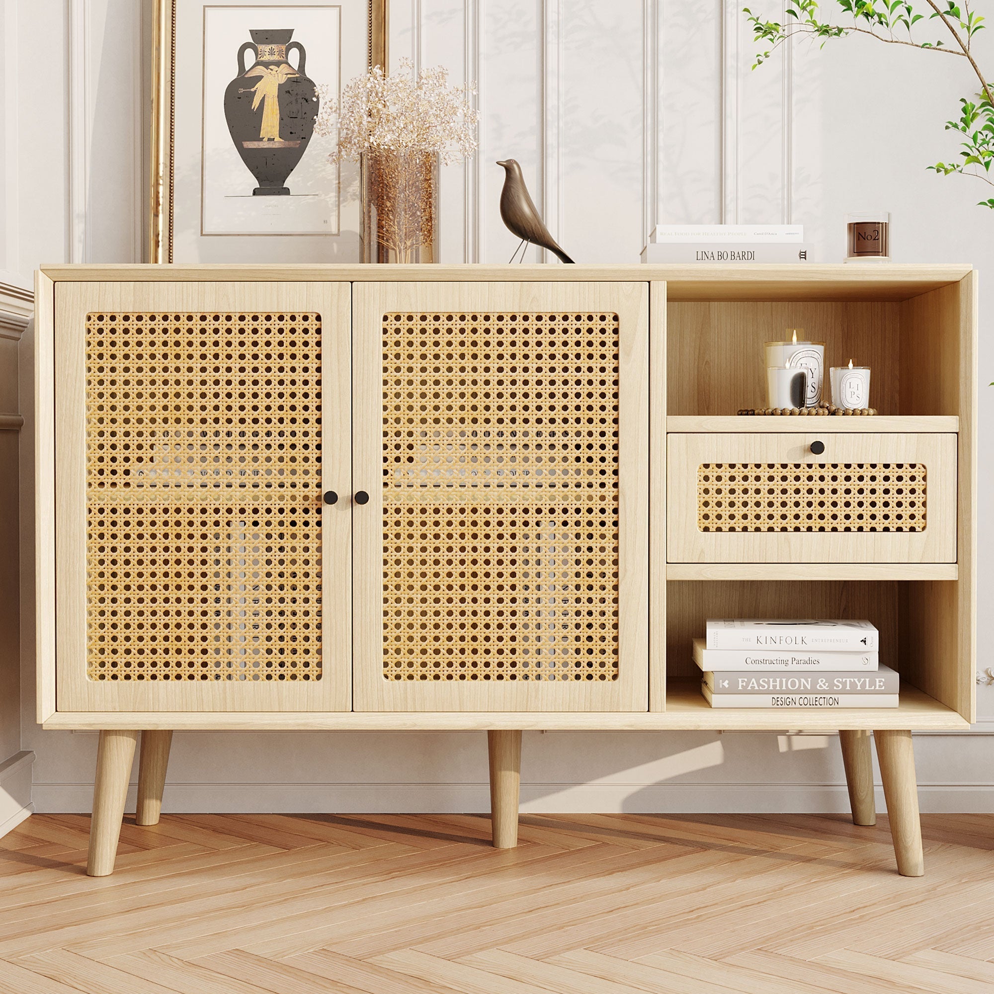 Sideboard with 1 Drawer 2 Rattan Magnetic Doors Adjustable Shelves, Oak