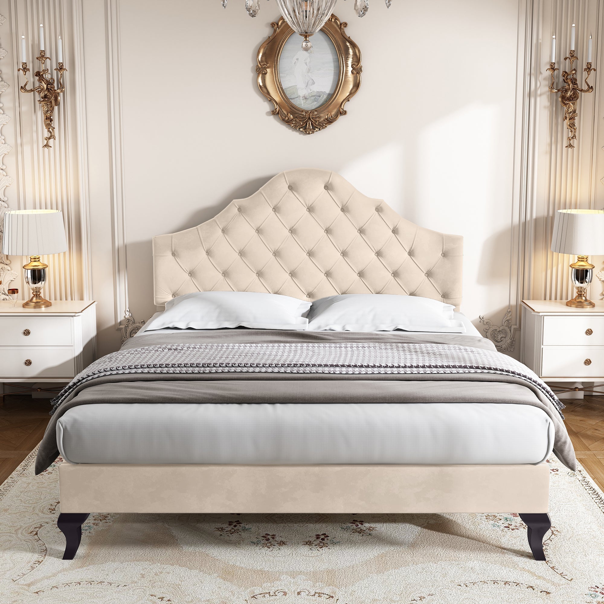 Upholstered Bed, 4ft6 Double with Slatted Frame, Adjustable Headboard & Wooden Slat Support, Beige Velvet