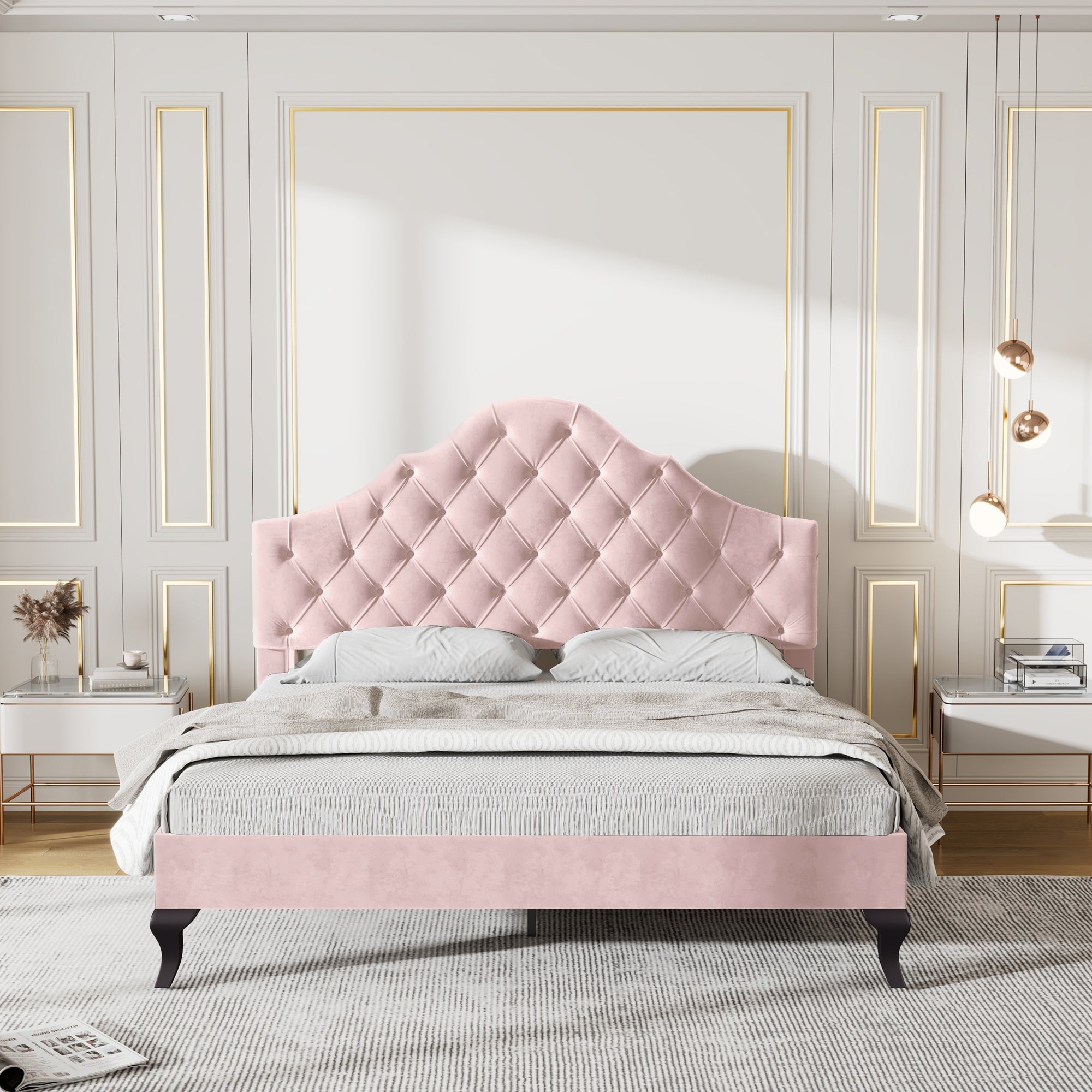 Upholstered Bed, 4ft6 Double (135x190cm) with Slatted Frame & Adjustable Headboard, Velvet Pink