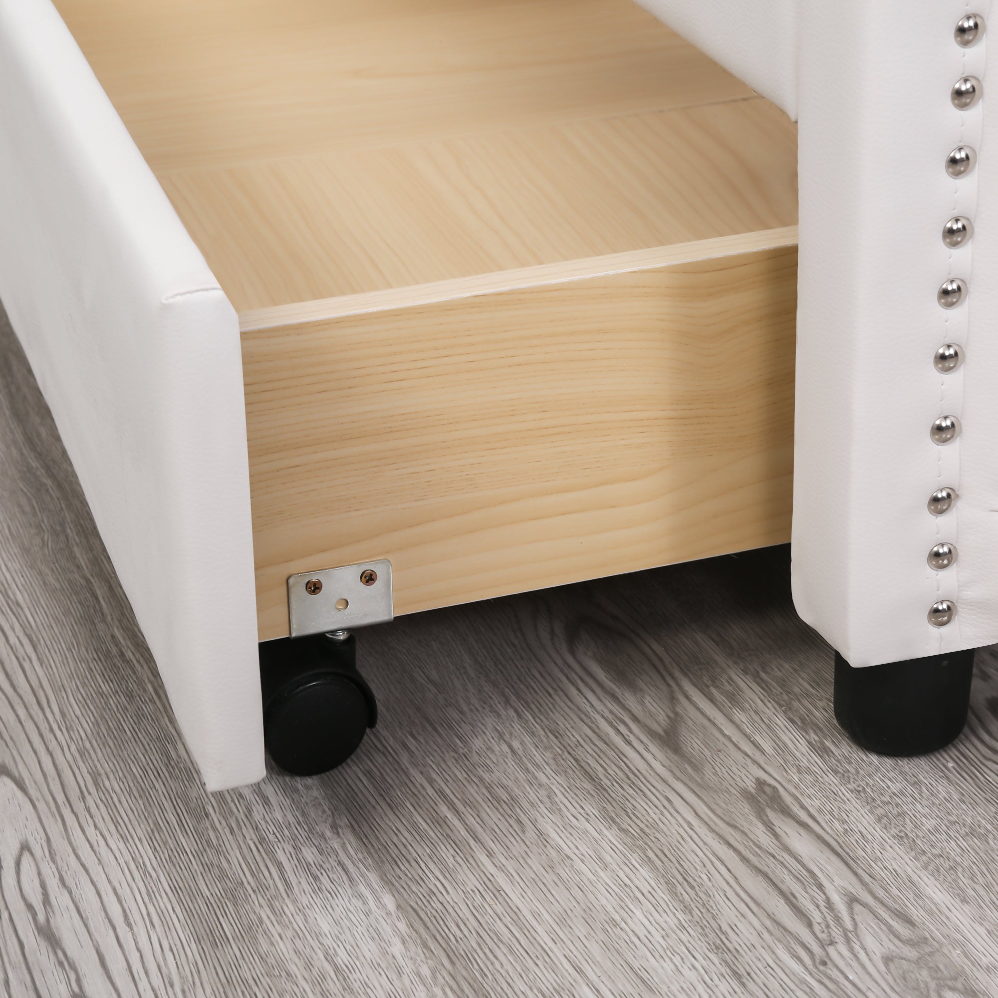 Upholstered Bed 135x190cm - Slatted Frame, 2 Drawers, Riveted Headboard - White Wood & Faux Leather