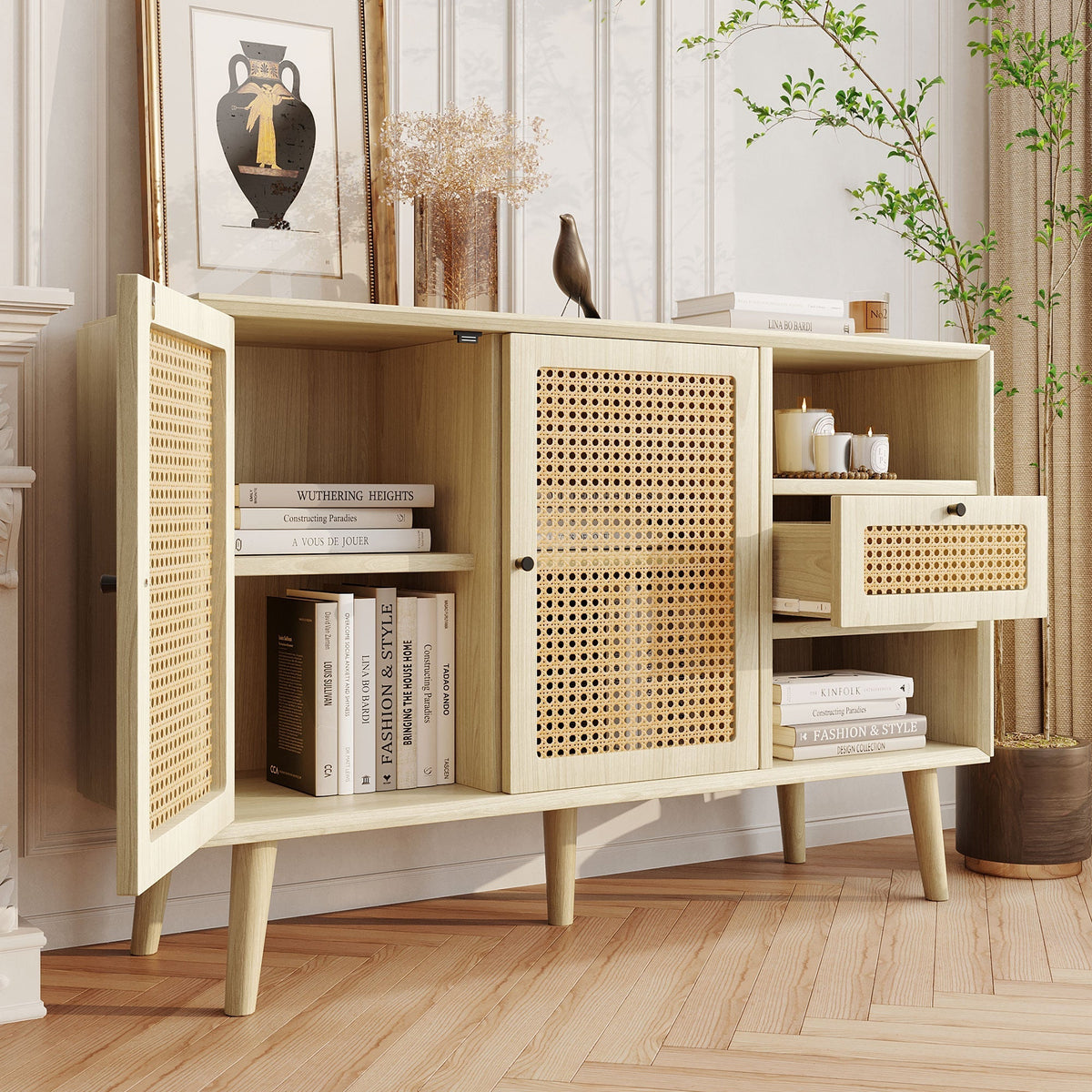 Sideboard with 1 Drawer 2 Rattan Magnetic Doors Adjustable Shelves, Oak