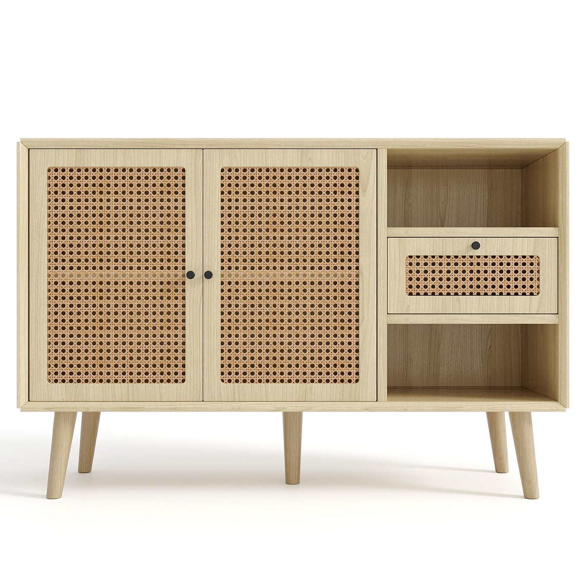 Sideboard with 1 Drawer 2 Rattan Magnetic Doors Adjustable Shelves, Oak