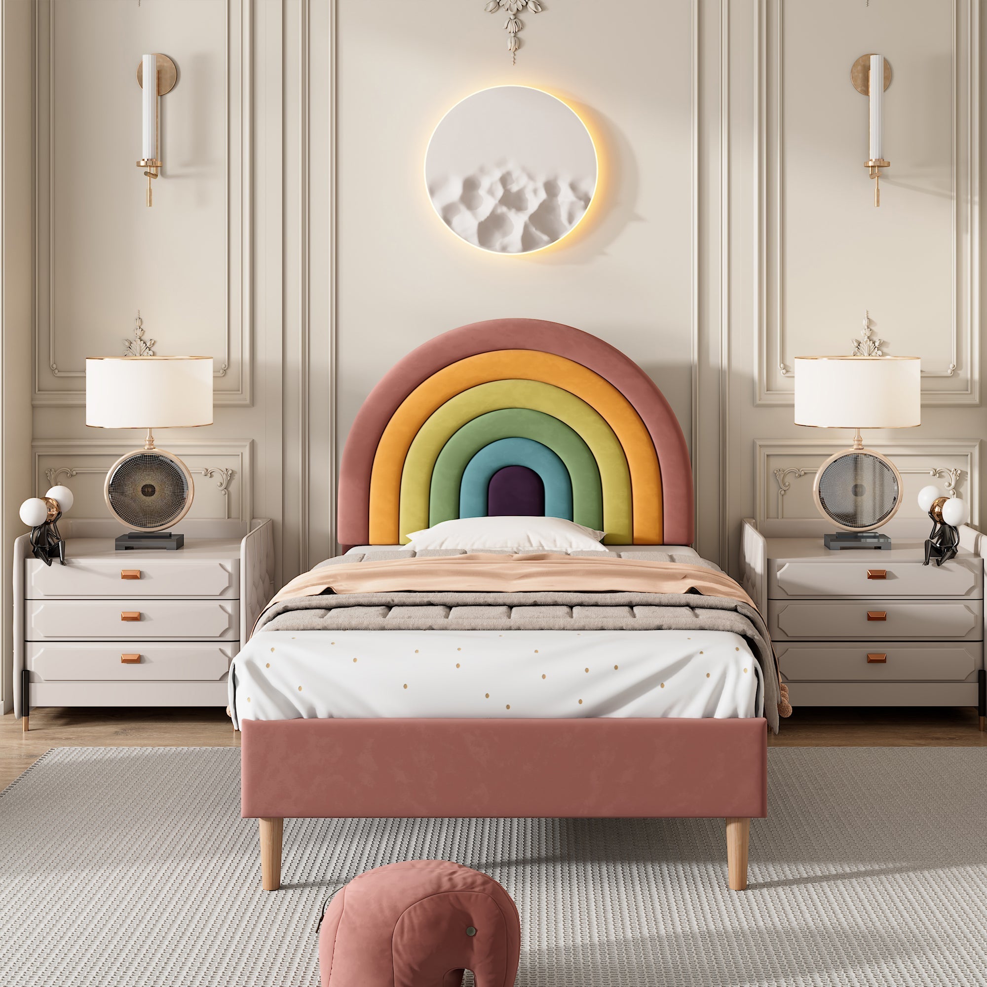 Upholstered Bed 90*190, Slatted Frame with Height-Adjustable Headboard, Easy Assembly, Velvet, Pink