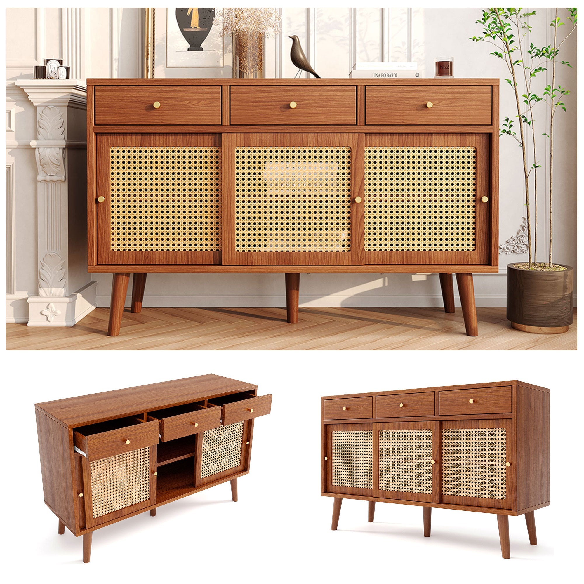Sideboard 3 Drawer 3 Sliding Door Rattan Weave - Walnut