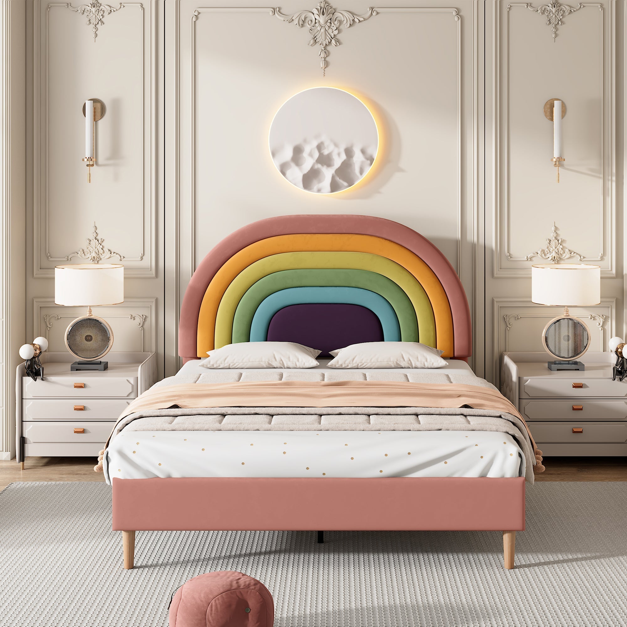 Upholstered Bed 135x190cm, Slatted Frame & Height-Adjustable Headboard, Velvet Pink
