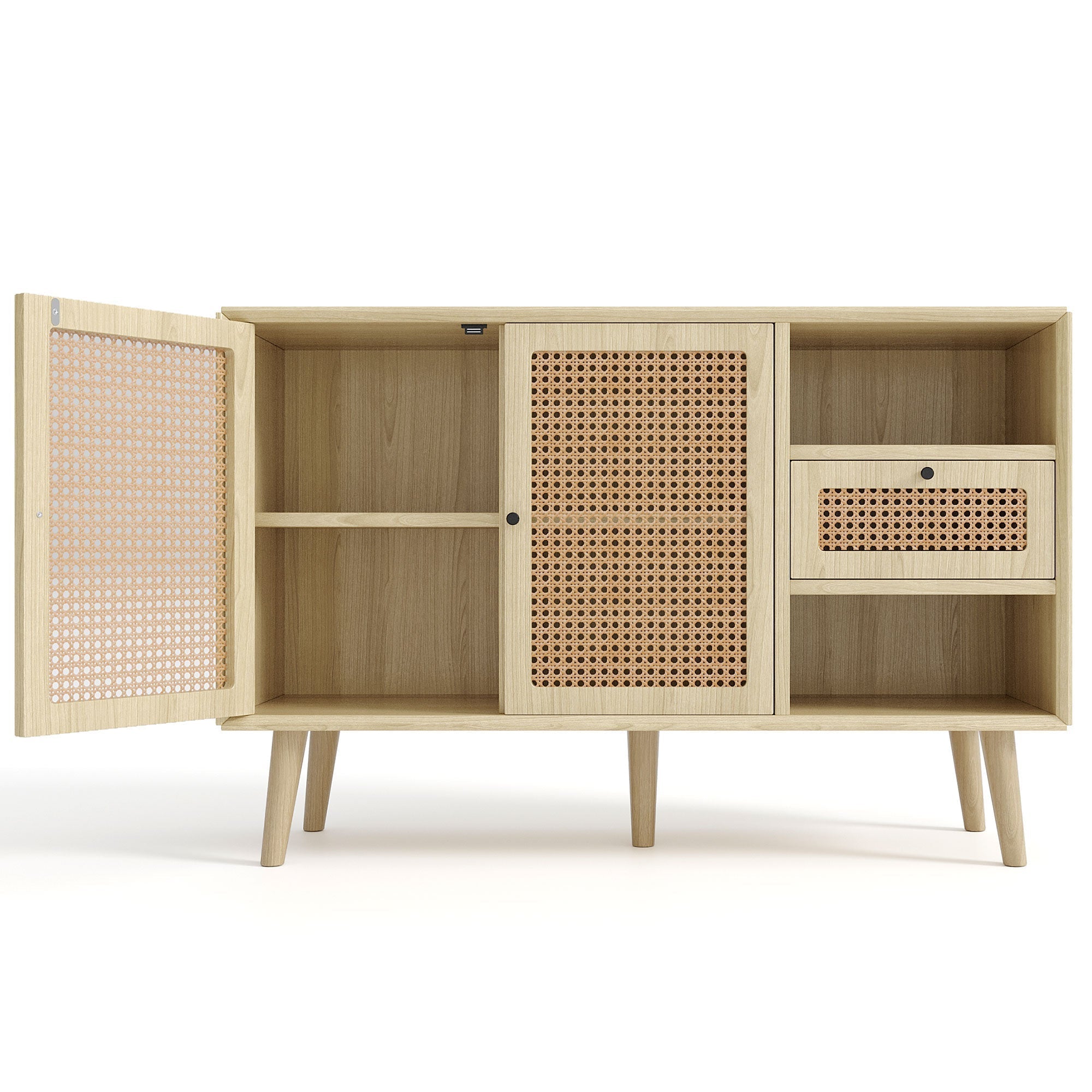 Sideboard with 1 Drawer 2 Rattan Magnetic Doors Adjustable Shelves, Oak