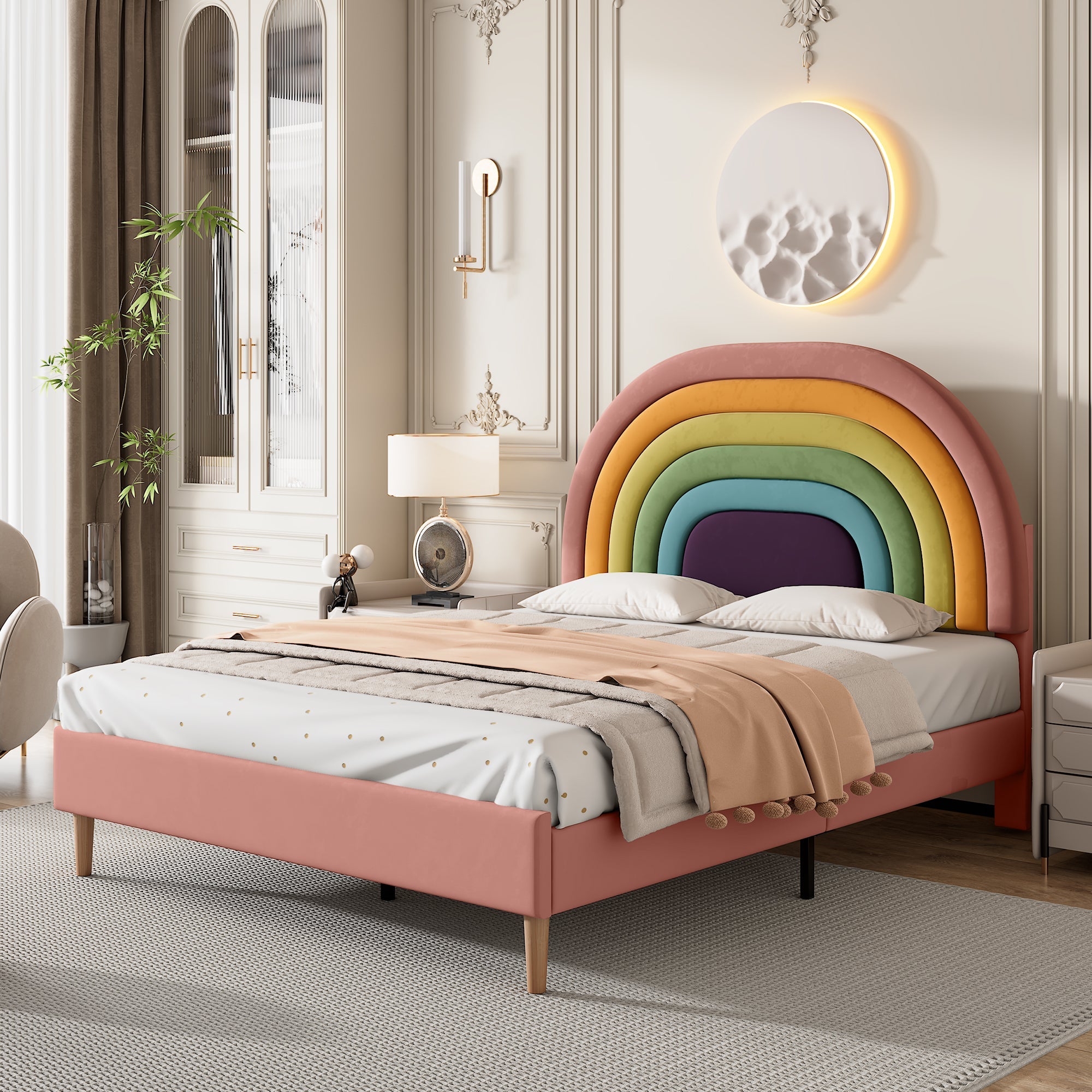 Upholstered Bed 135x190cm, Slatted Frame & Height-Adjustable Headboard, Velvet Pink