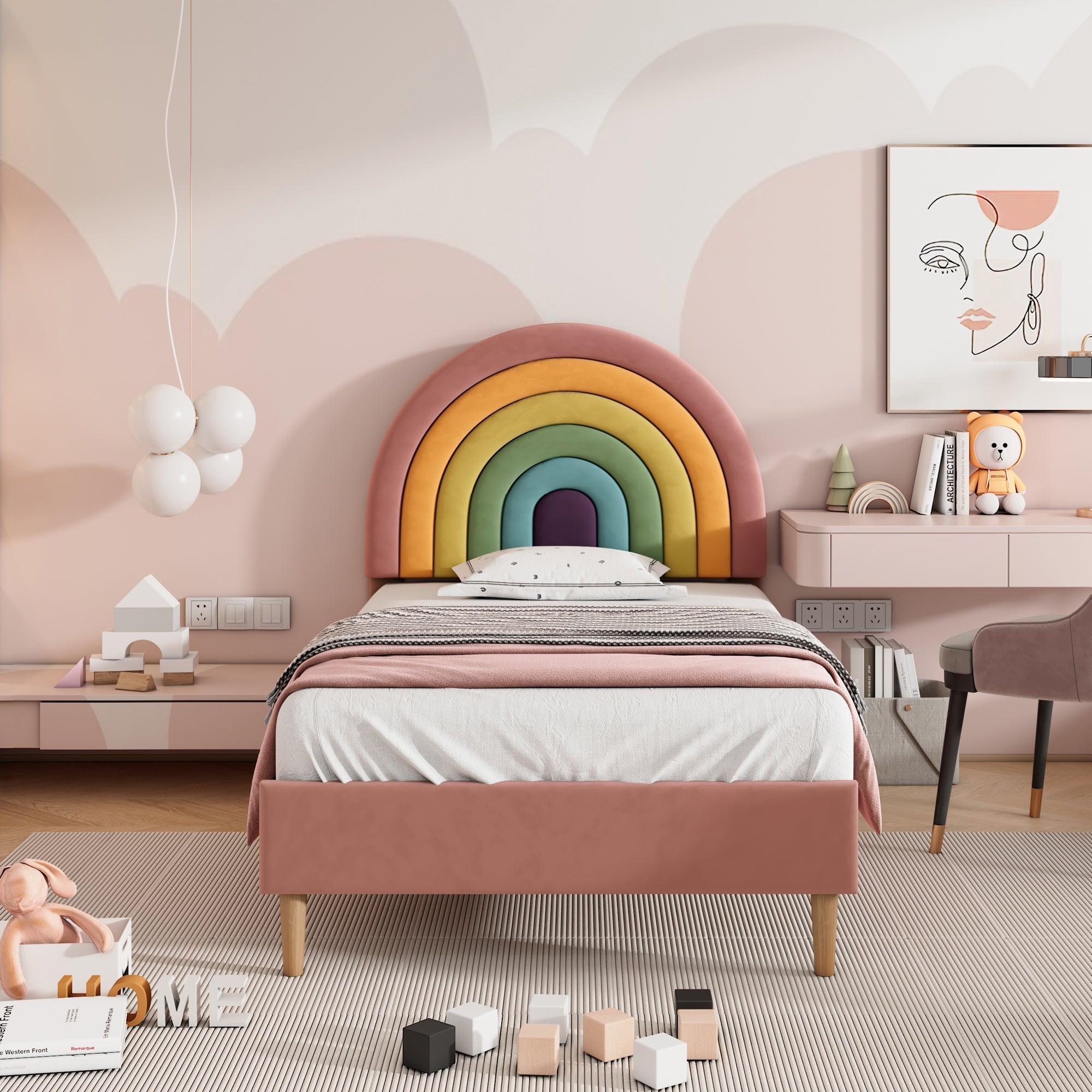 Upholstered Bed 90*190, Slatted Frame with Height-Adjustable Headboard, Easy Assembly, Velvet, Pink