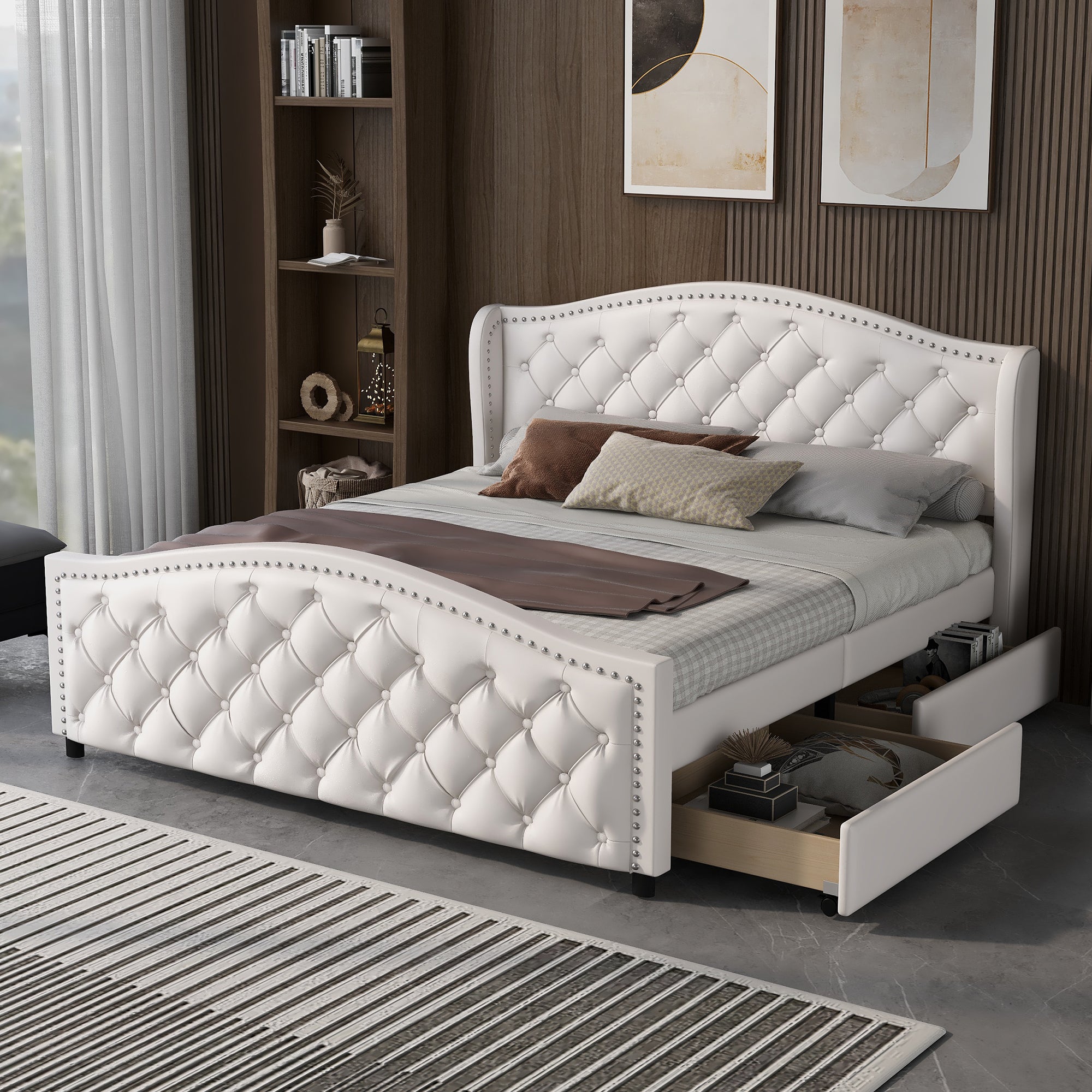 Upholstered Bed 135x190cm - Slatted Frame, 2 Drawers, Riveted Headboard - White Wood & Faux Leather