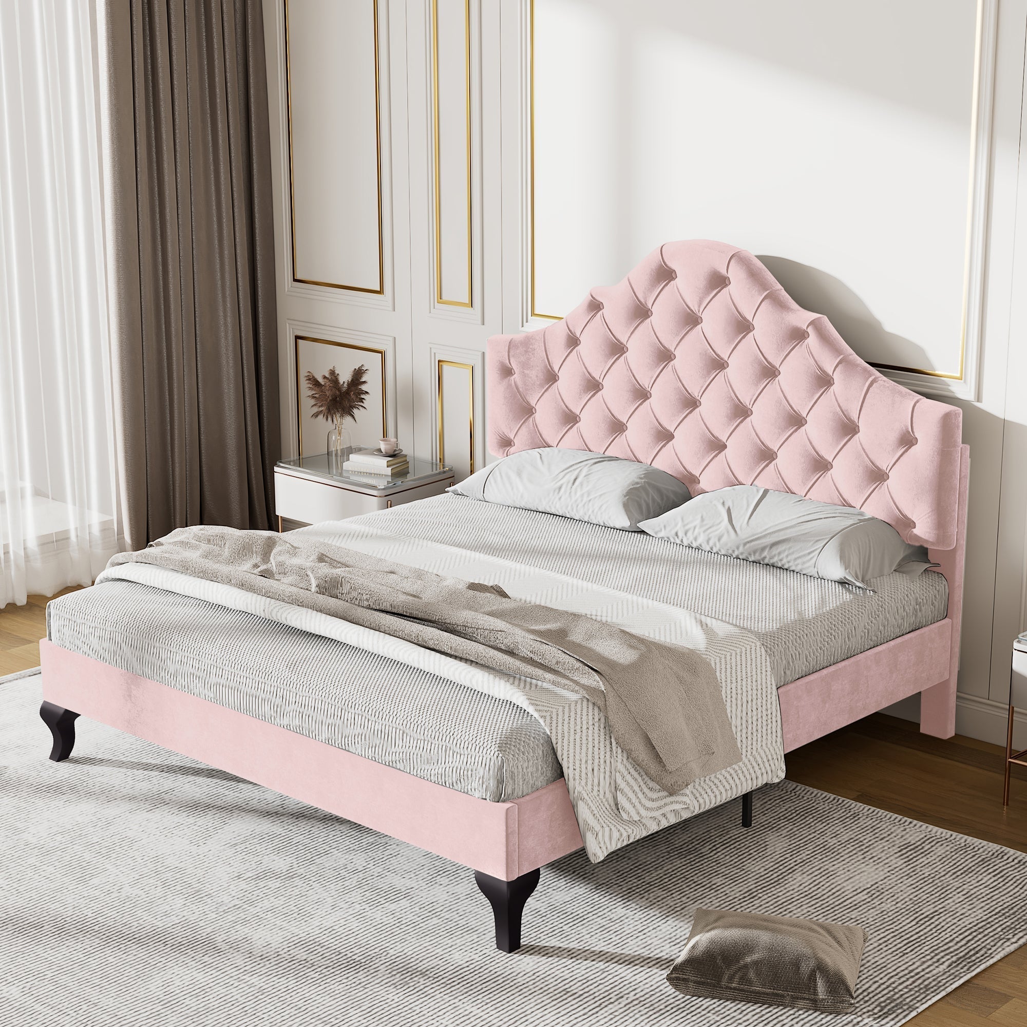 Upholstered Bed, 4ft6 Double (135x190cm) with Slatted Frame & Adjustable Headboard, Velvet Pink