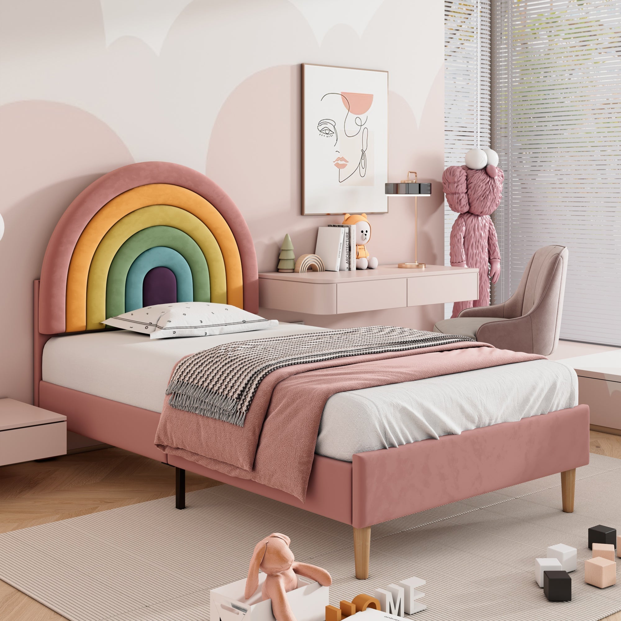 Upholstered Bed 90*190, Slatted Frame with Height-Adjustable Headboard, Easy Assembly, Velvet, Pink