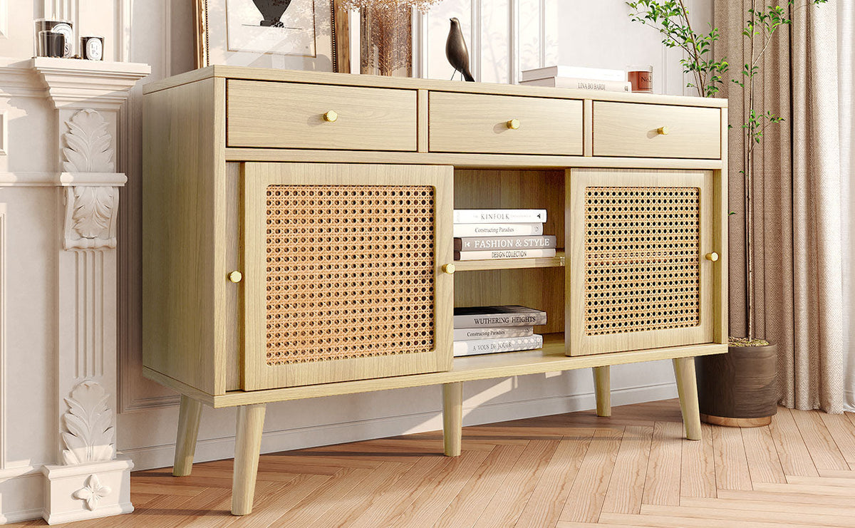 Sideboard 3 Drawer 3 Sliding Door Rattan Fronts Gold Handle Adjustable Shelves Oak