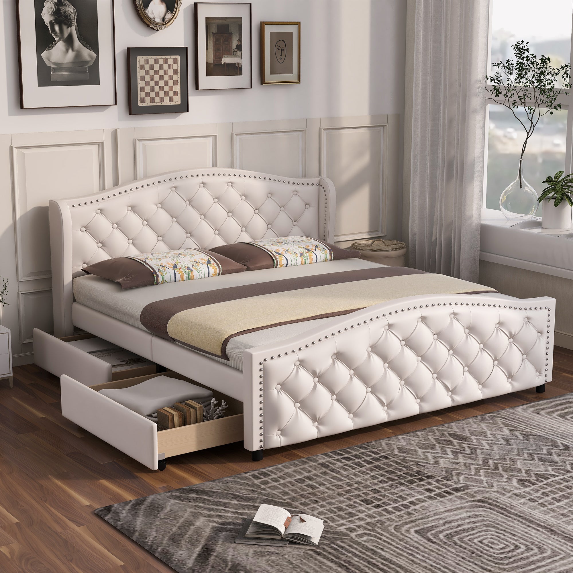 Upholstered Bed 135x190cm - Slatted Frame, 2 Drawers, Riveted Headboard - White Wood & Faux Leather