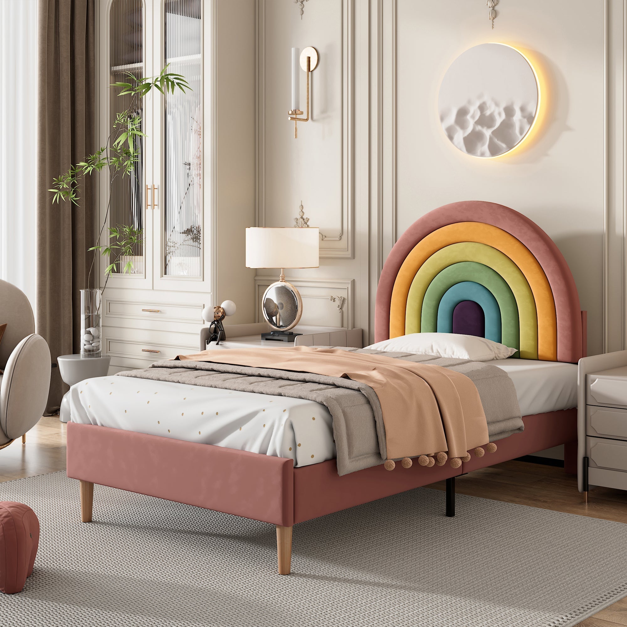 Upholstered Bed 90*190, Slatted Frame with Height-Adjustable Headboard, Easy Assembly, Velvet, Pink