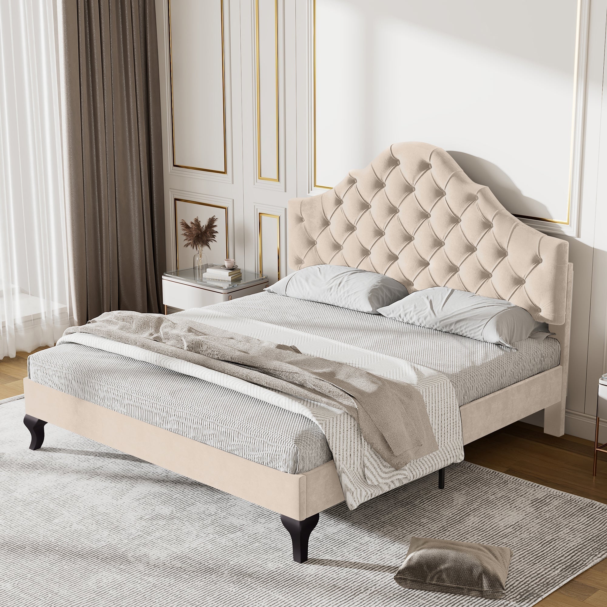 Upholstered Bed, 4ft6 Double with Slatted Frame, Adjustable Headboard & Wooden Slat Support, Beige Velvet