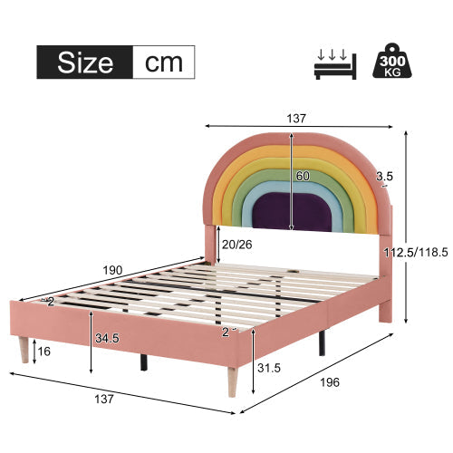 Upholstered Bed 135x190cm, Slatted Frame & Height-Adjustable Headboard, Velvet Pink