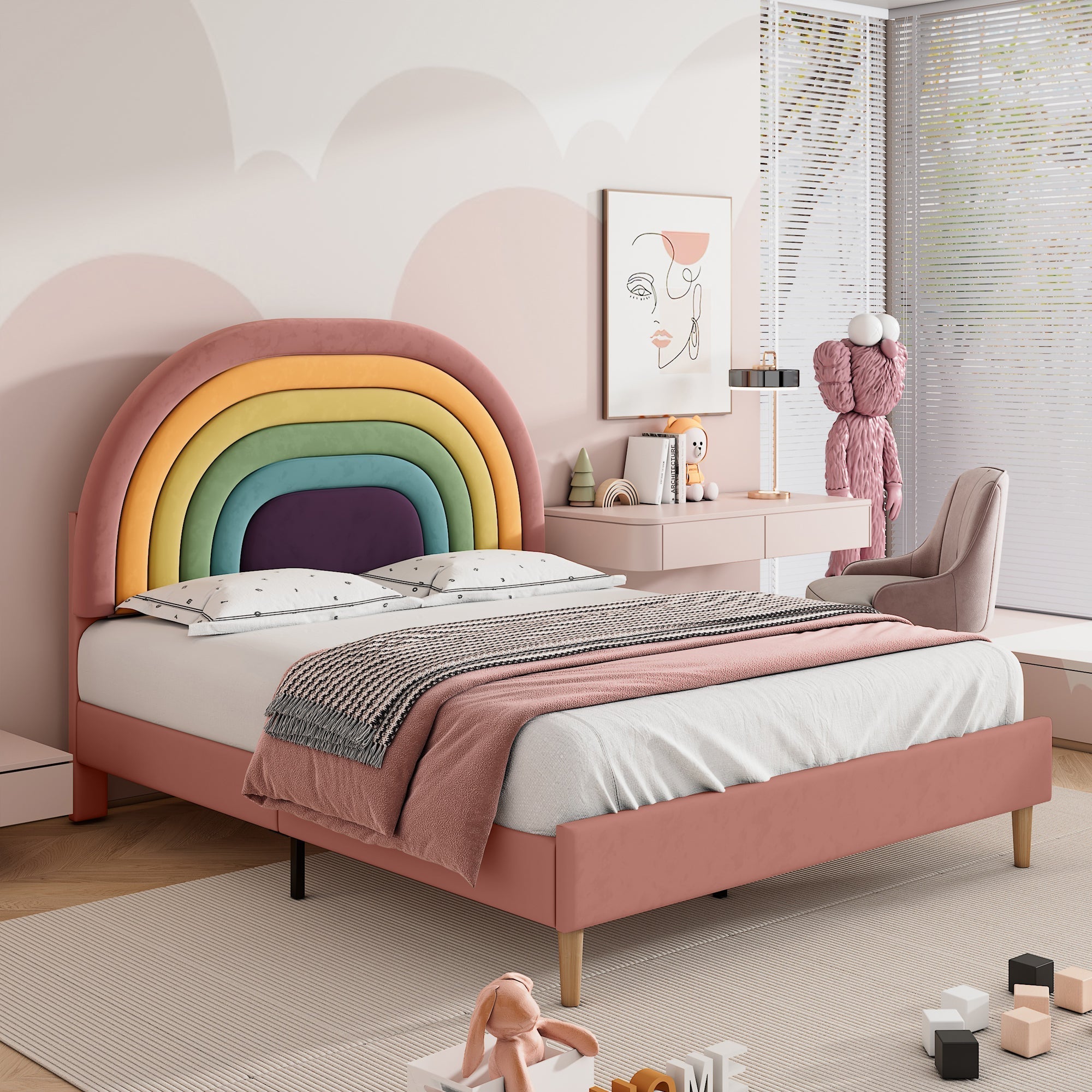 Upholstered Bed 135x190cm, Slatted Frame & Height-Adjustable Headboard, Velvet Pink